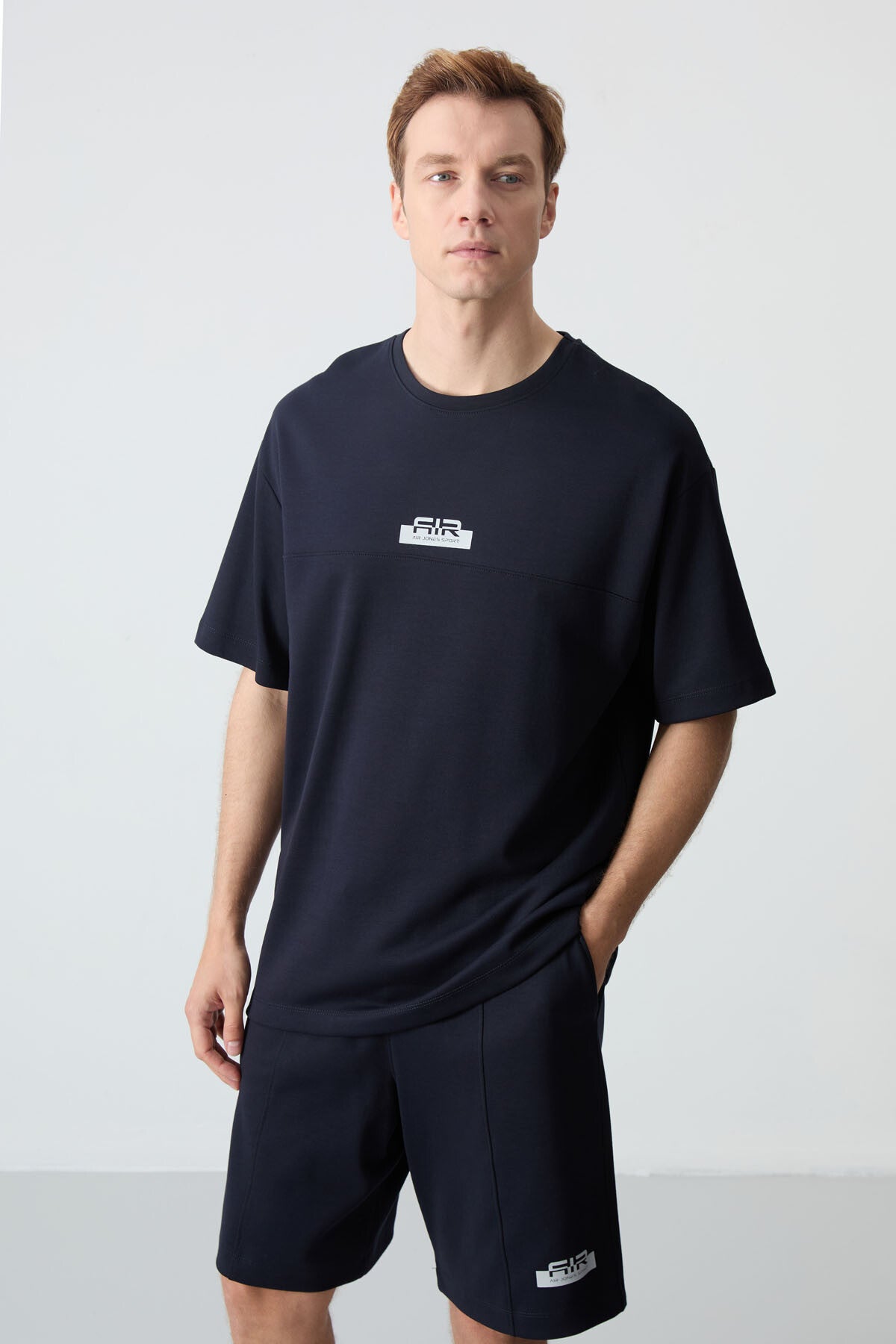 Navy Blue Cotton Thick Soft Textured Oversize Fit Basic Men's Shorts Set - 85259