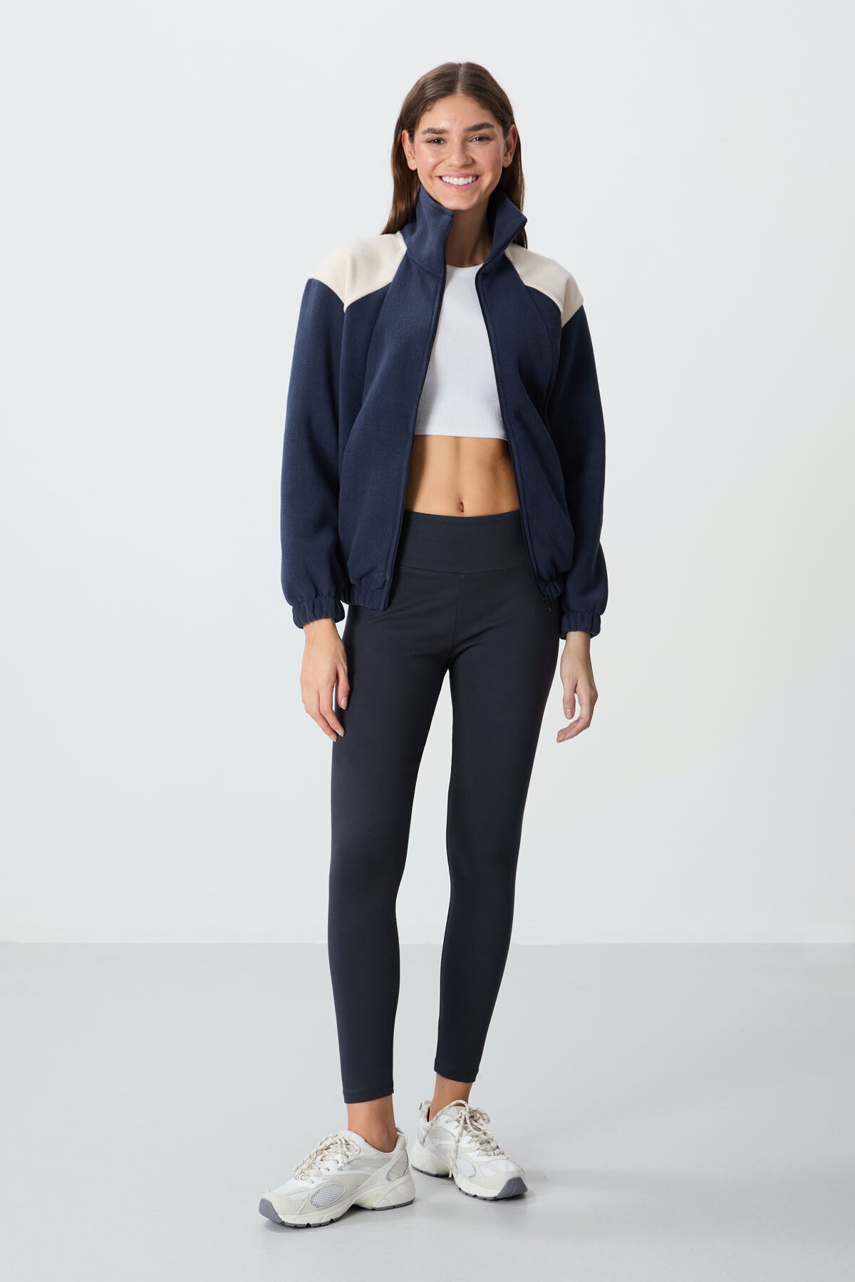 Navy Blue Thick Soft Textured Stand Collar Oversize Embroidered Fleece Women's Sweatshirt - 97293