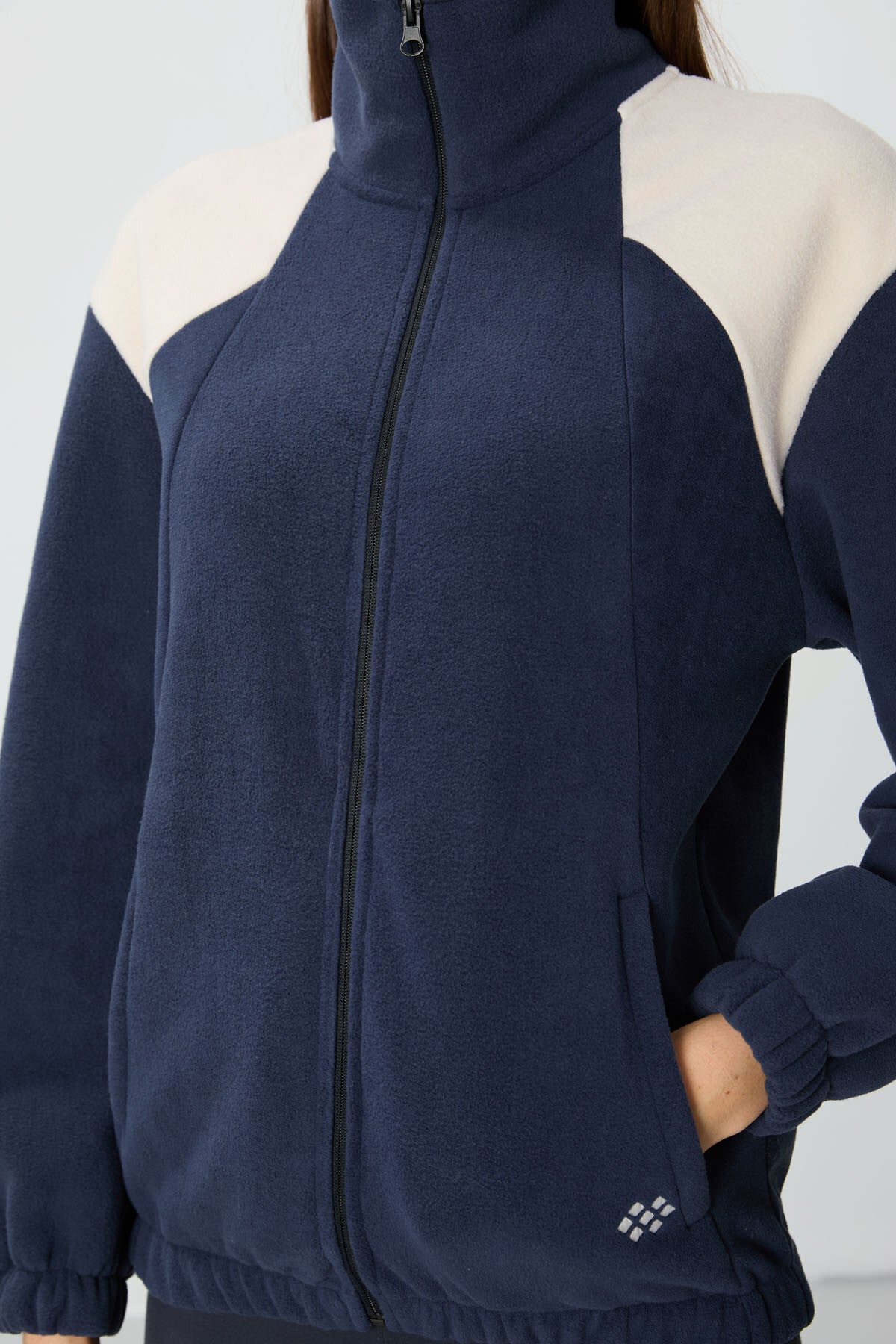 Navy Blue Thick Soft Textured Stand Collar Oversize Embroidered Fleece Women's Sweatshirt - 97293