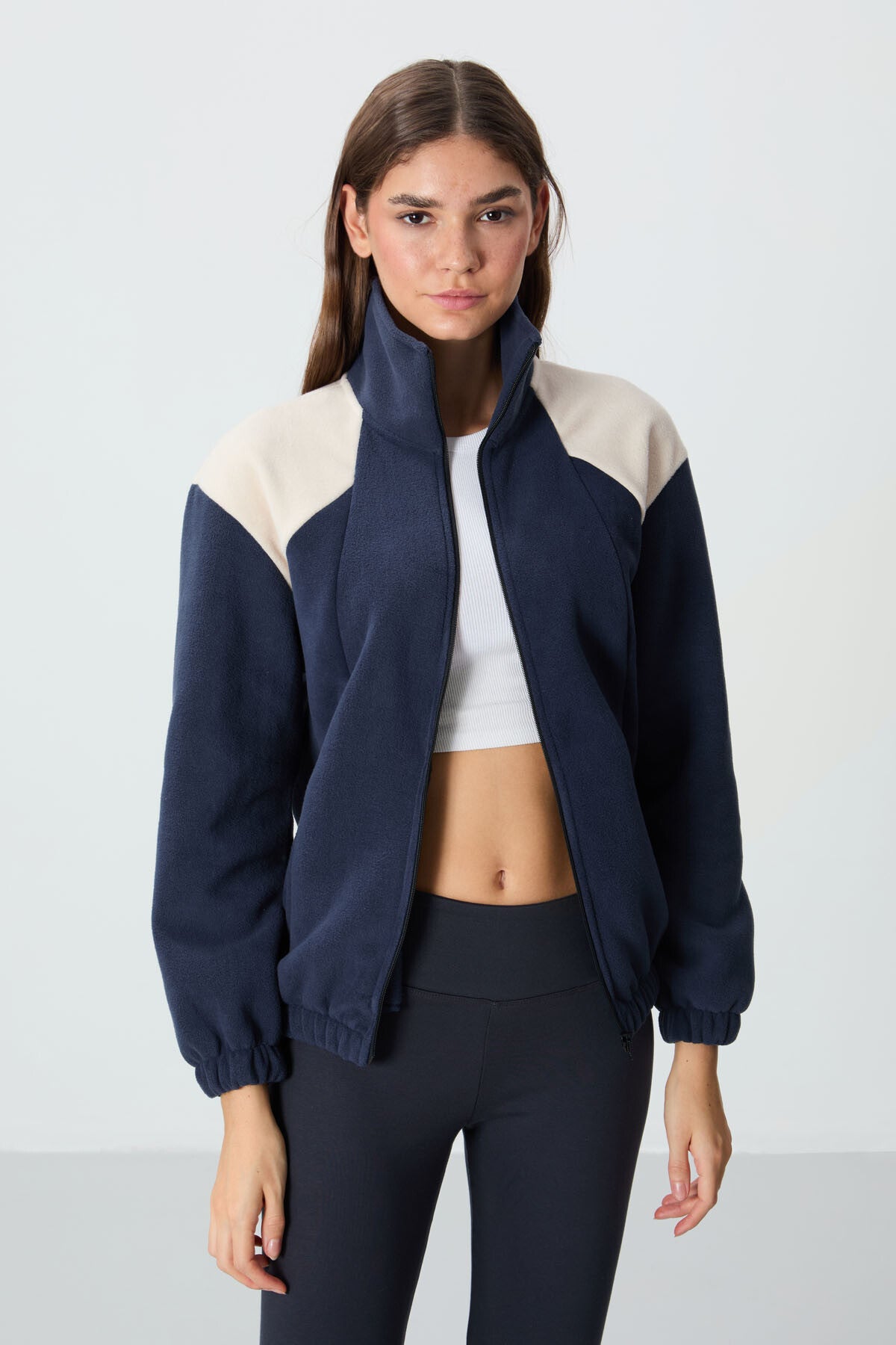 Navy Blue Thick Soft Textured Stand Collar Oversize Embroidered Fleece Women's Sweatshirt - 97293