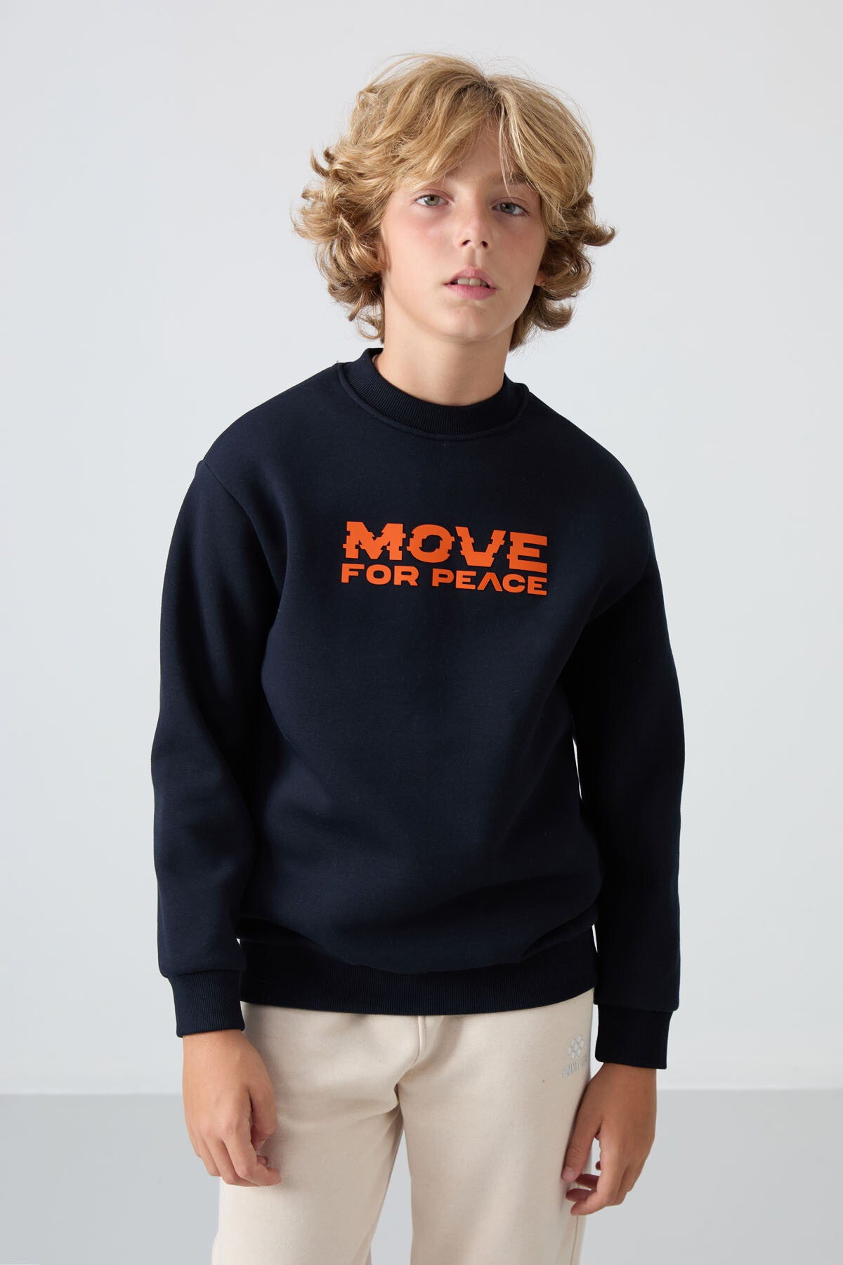 Navy Blue Cotton Thick Fleece-Lined Soft Textured Standard Fit Printed Boys' Sweatshirt - 11216