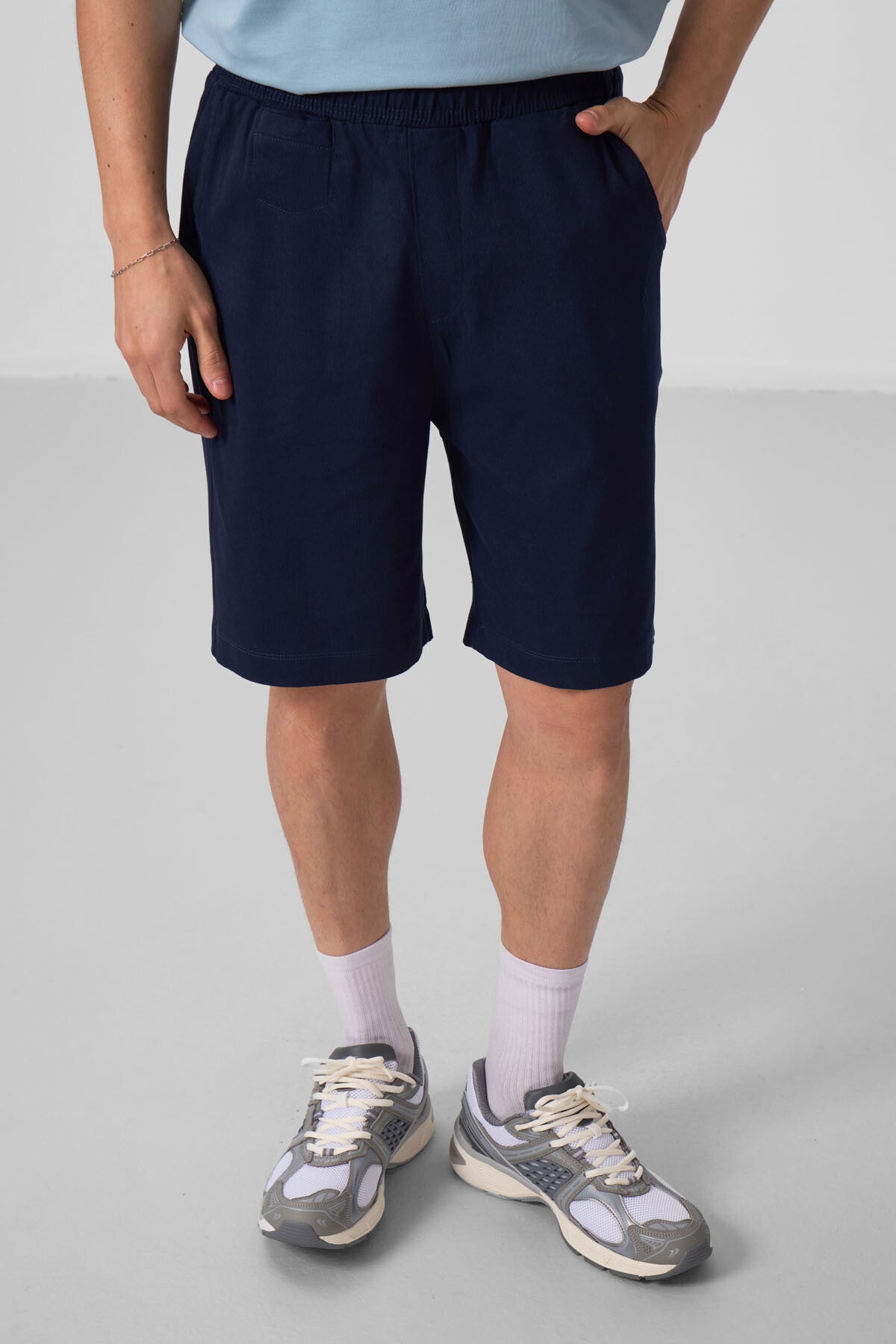 Navy Blue Standard Fit Woven Lightly Stretch Chino Men's Shorts - 81290