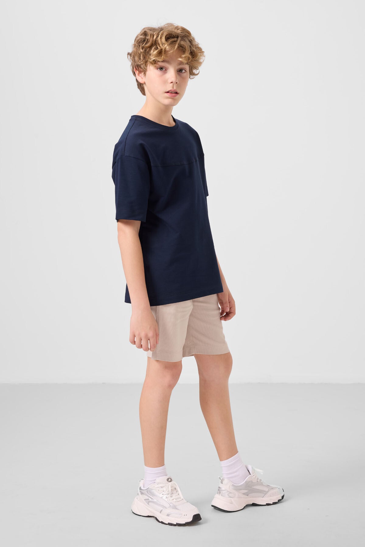 Lacivert-Stone Cotton Oversize Fit Weaving Lightweight Flexible Chino Shorts Set - 11279