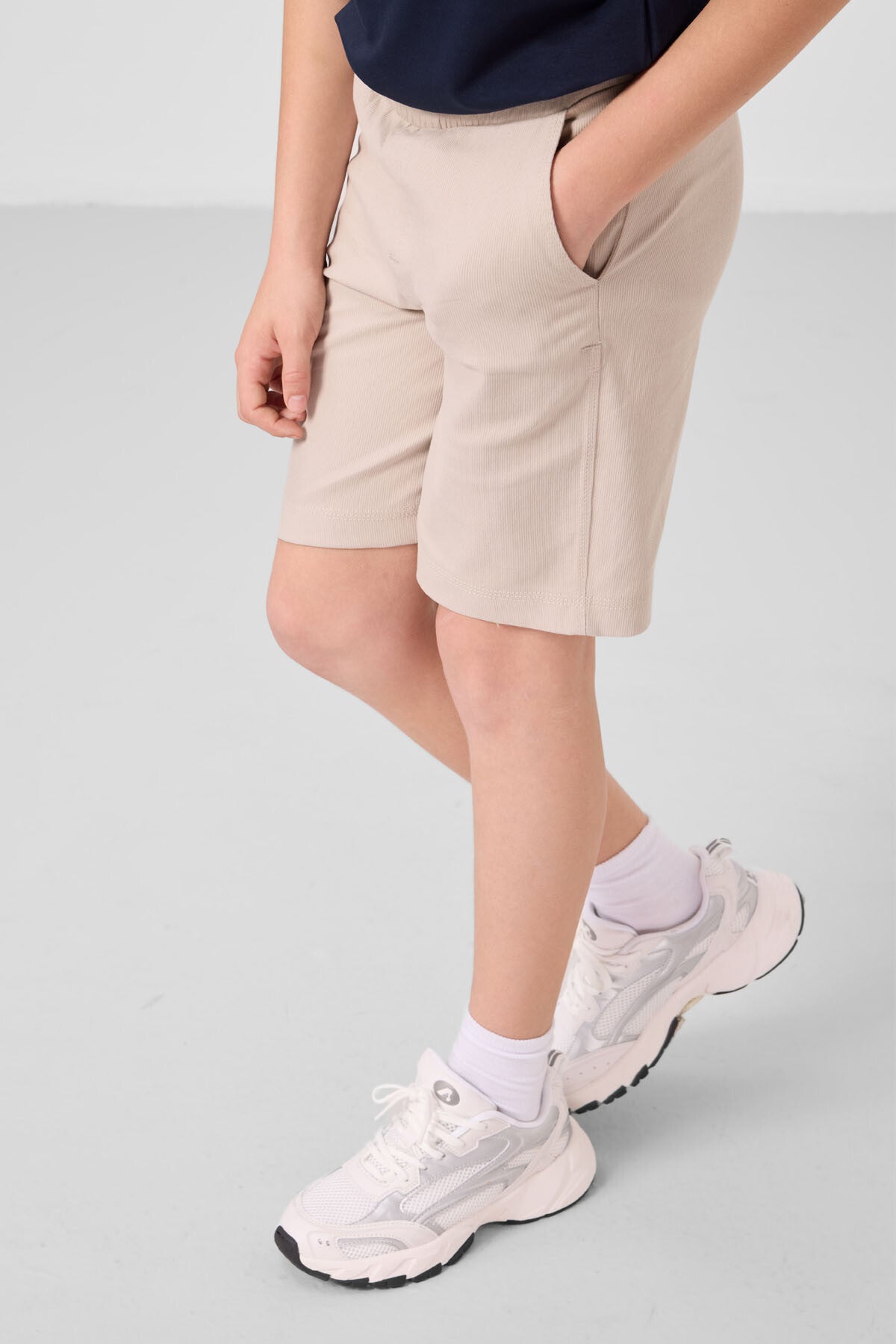 Lacivert-Stone Cotton Oversize Fit Weaving Lightweight Flexible Chino Shorts Set - 11279