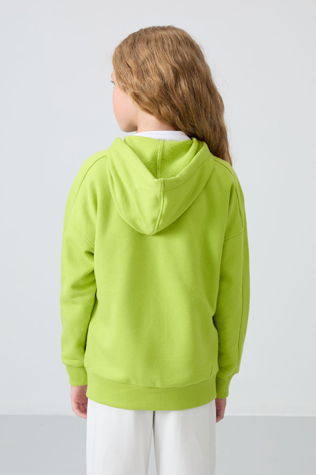 Lime Green Cotton Fleece-Lined Soft Textured Standard Fit Embroidered Girl's Sweatshirt - 75149