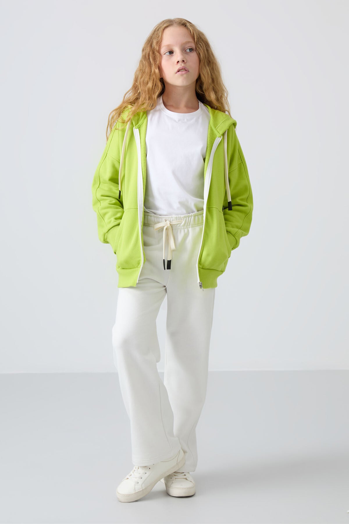 Lime Green Cotton Fleece-Lined Soft Textured Standard Fit Embroidered Girl's Sweatshirt - 75149