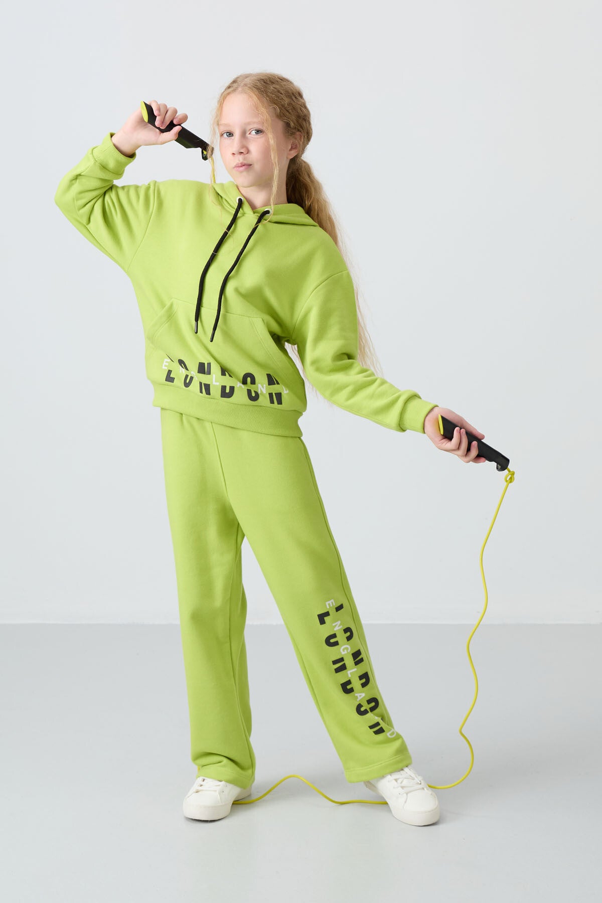 Lime Green Cotton Fleece-Lined Soft Textured Oversize Printed Girls' Tracksuit Set - 75147