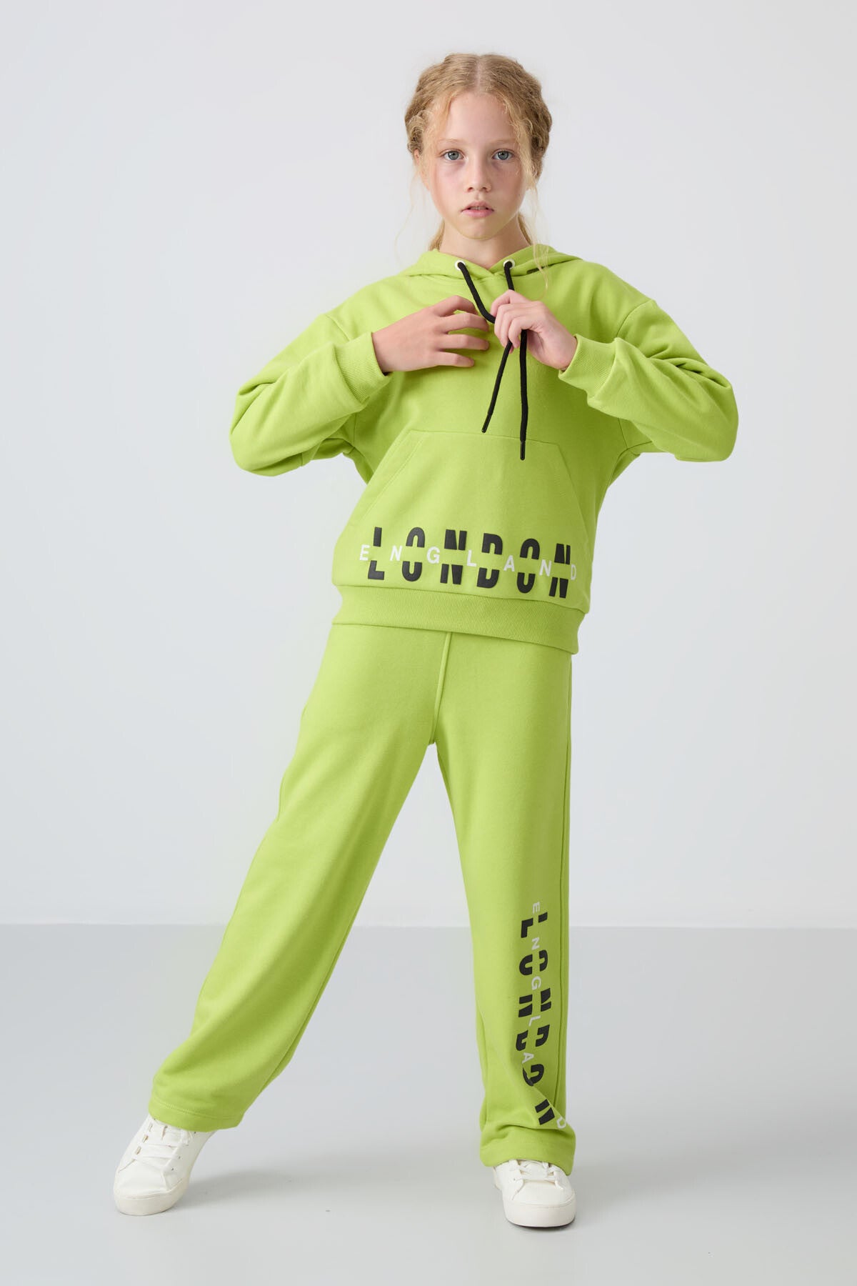 Lime Green Cotton Fleece-Lined Soft Textured Oversize Printed Girls' Tracksuit Set - 75147