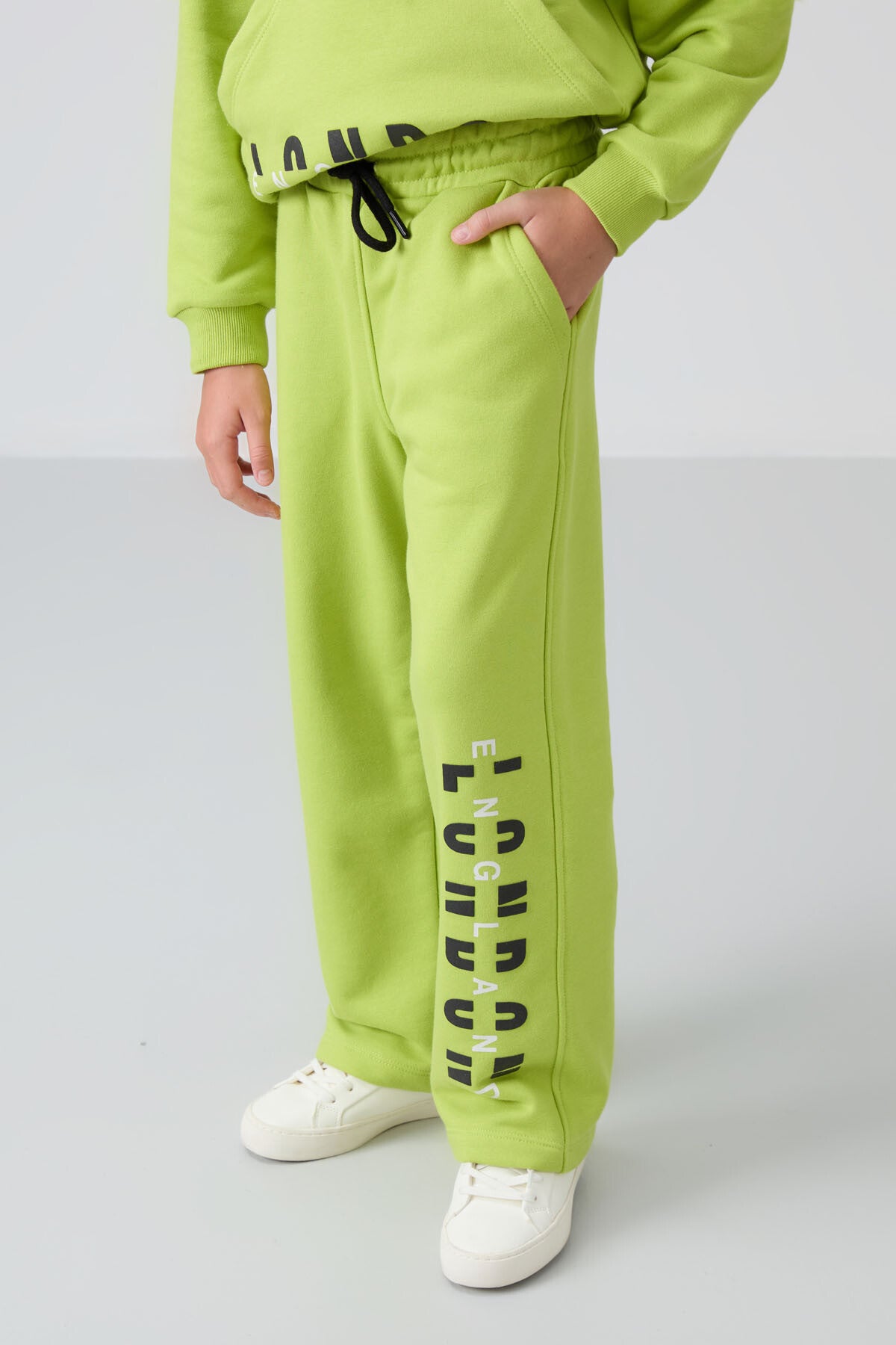 Lime Green Cotton Fleece-Lined Soft Textured Oversize Printed Girls' Tracksuit Set - 75147