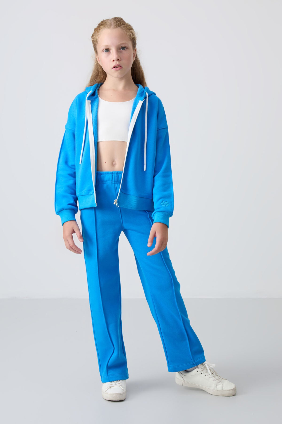 Blue Cotton Fleece-Lined Soft Textured Standard Fit Embroidered Girls' Tracksuit Set - 75161