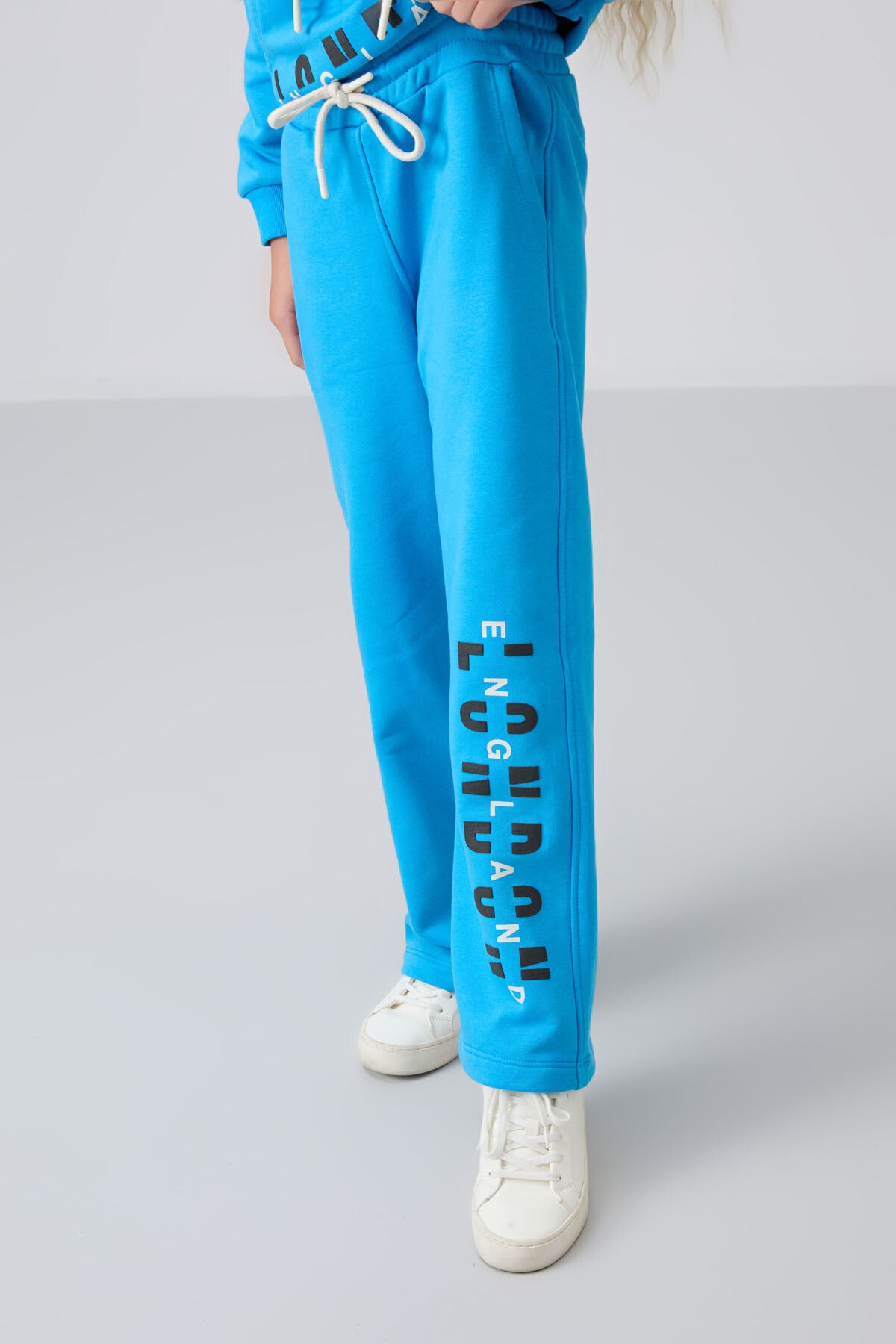 Blue Cotton Fleece-Lined Soft Textured Oversize Printed Girls' Tracksuit Set - 75147