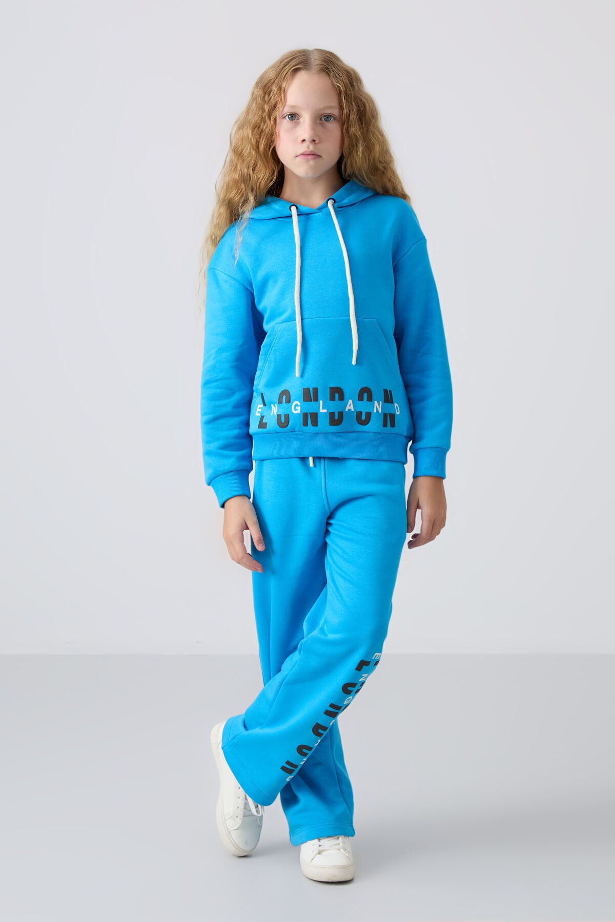 Blue Cotton Fleece-Lined Soft Textured Oversize Printed Girls' Tracksuit Set - 75147