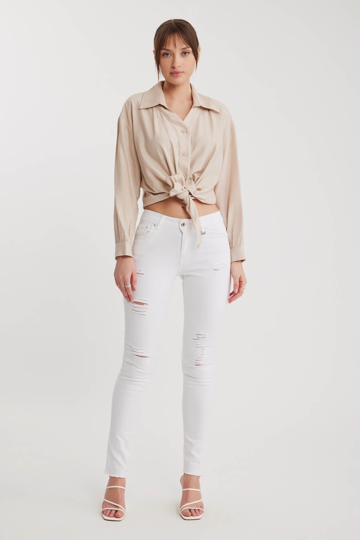 LOW SHOULDER LONG SLEEVE SHIRT WITH FRONT BINDING