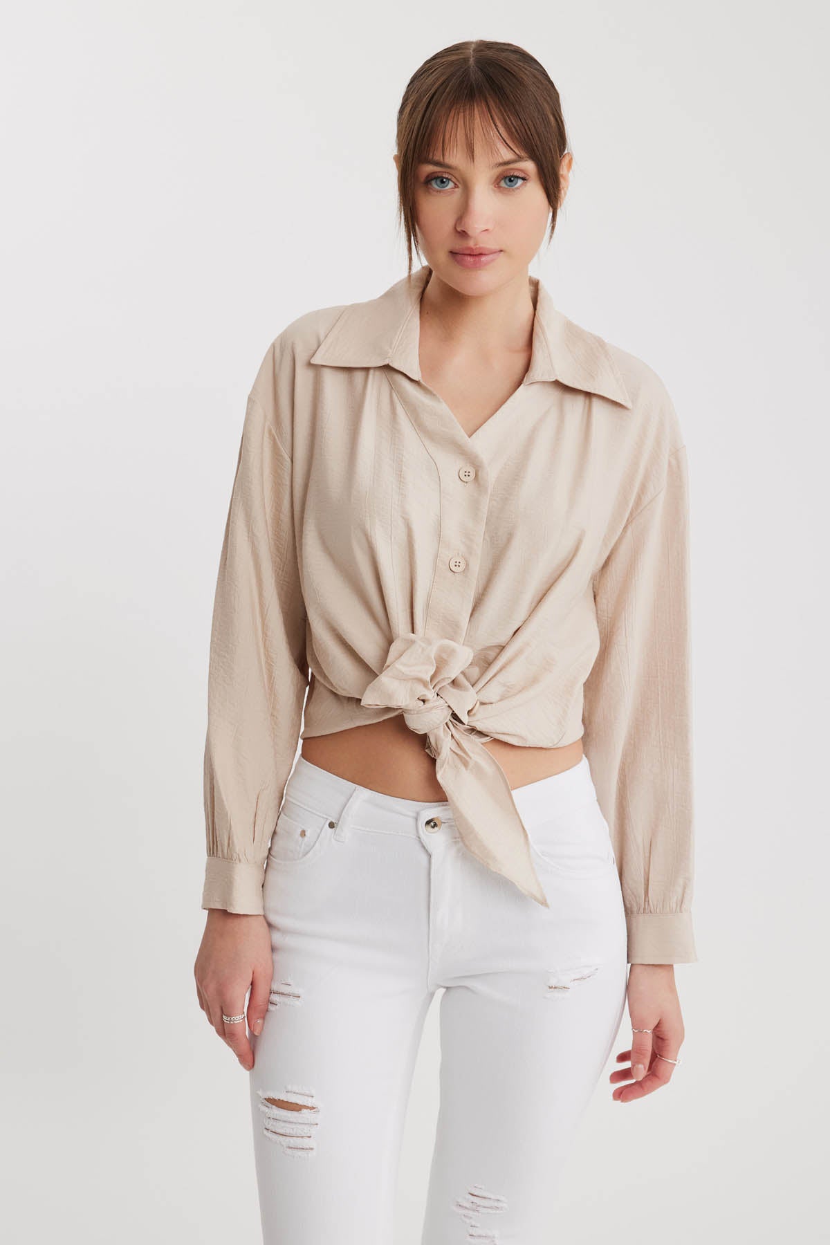 LOW SHOULDER LONG SLEEVE SHIRT WITH FRONT BINDING