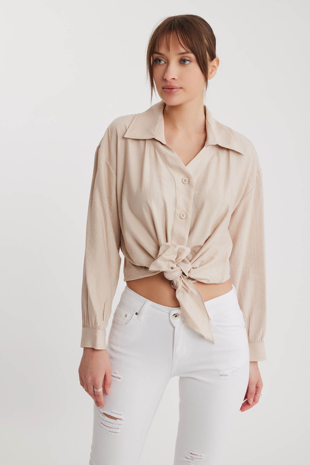LOW SHOULDER LONG SLEEVE SHIRT WITH FRONT BINDING