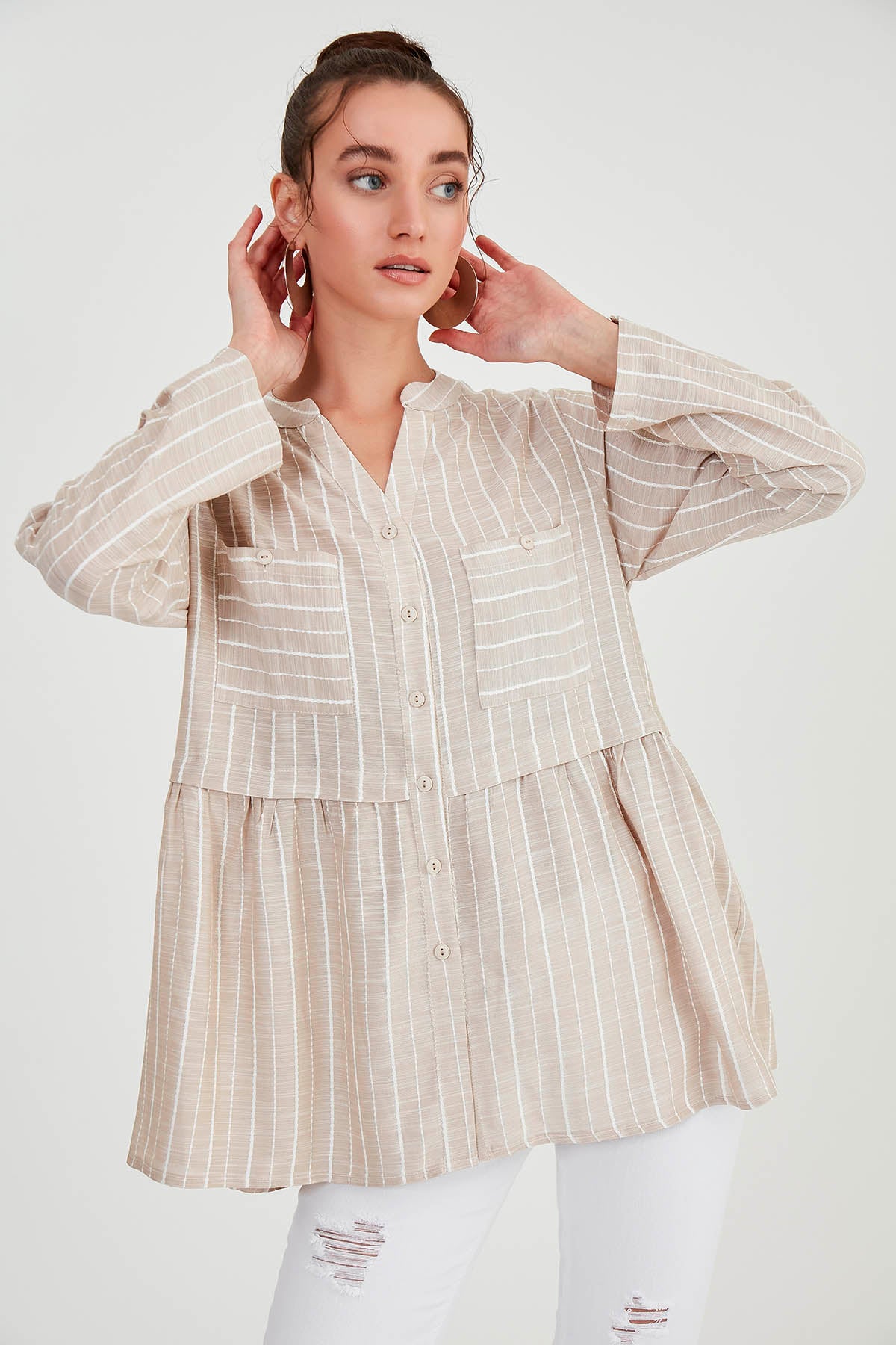 FRONT BUTTON BLOUSE WITH LINES