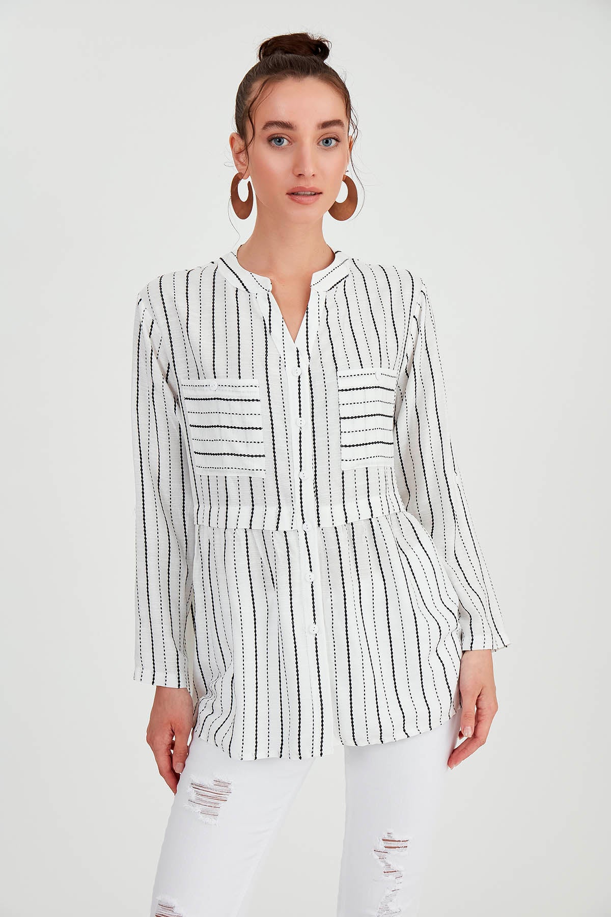 FRONT BUTTON BLOUSE WITH LINES