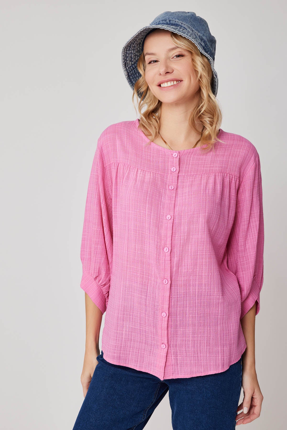 VISCOSE LINEN BLOUSE WITH FRONT BUTTON