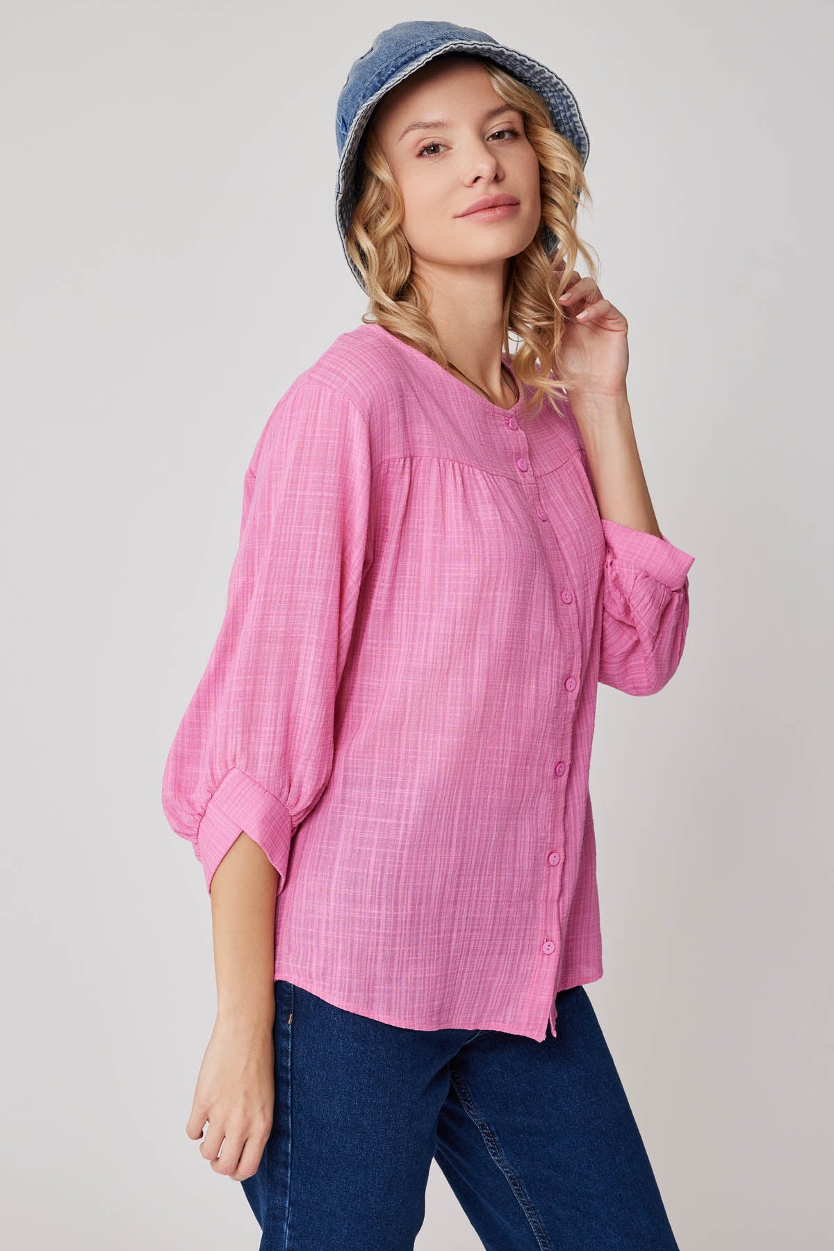 VISCOSE LINEN BLOUSE WITH FRONT BUTTON