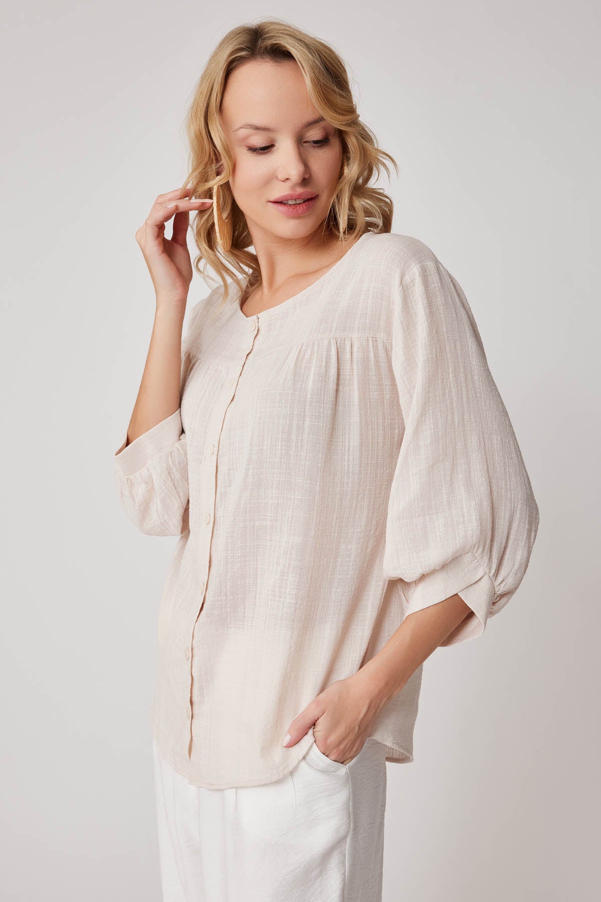 VISCOSE LINEN BLOUSE WITH FRONT BUTTON