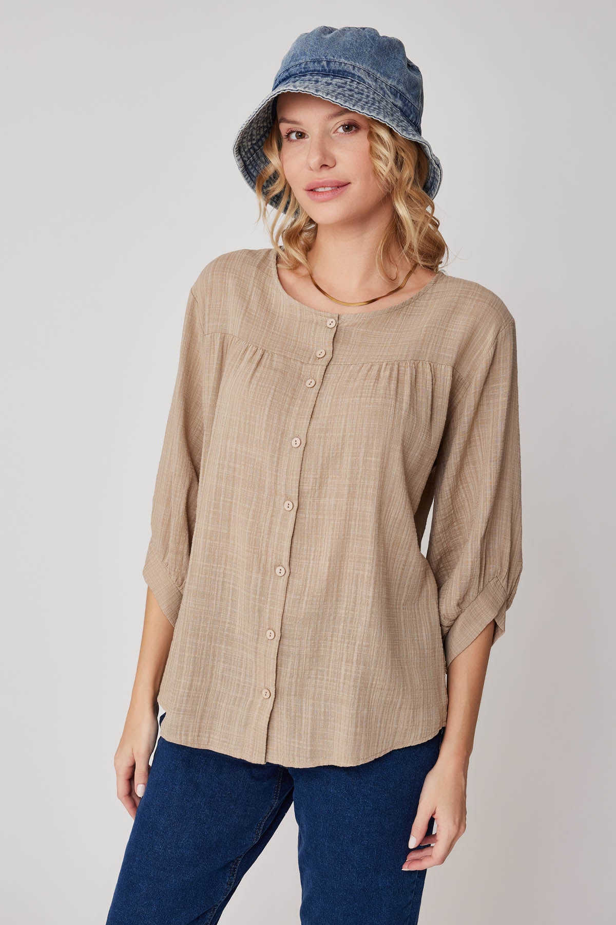 VISCOSE LINEN BLOUSE WITH FRONT BUTTON