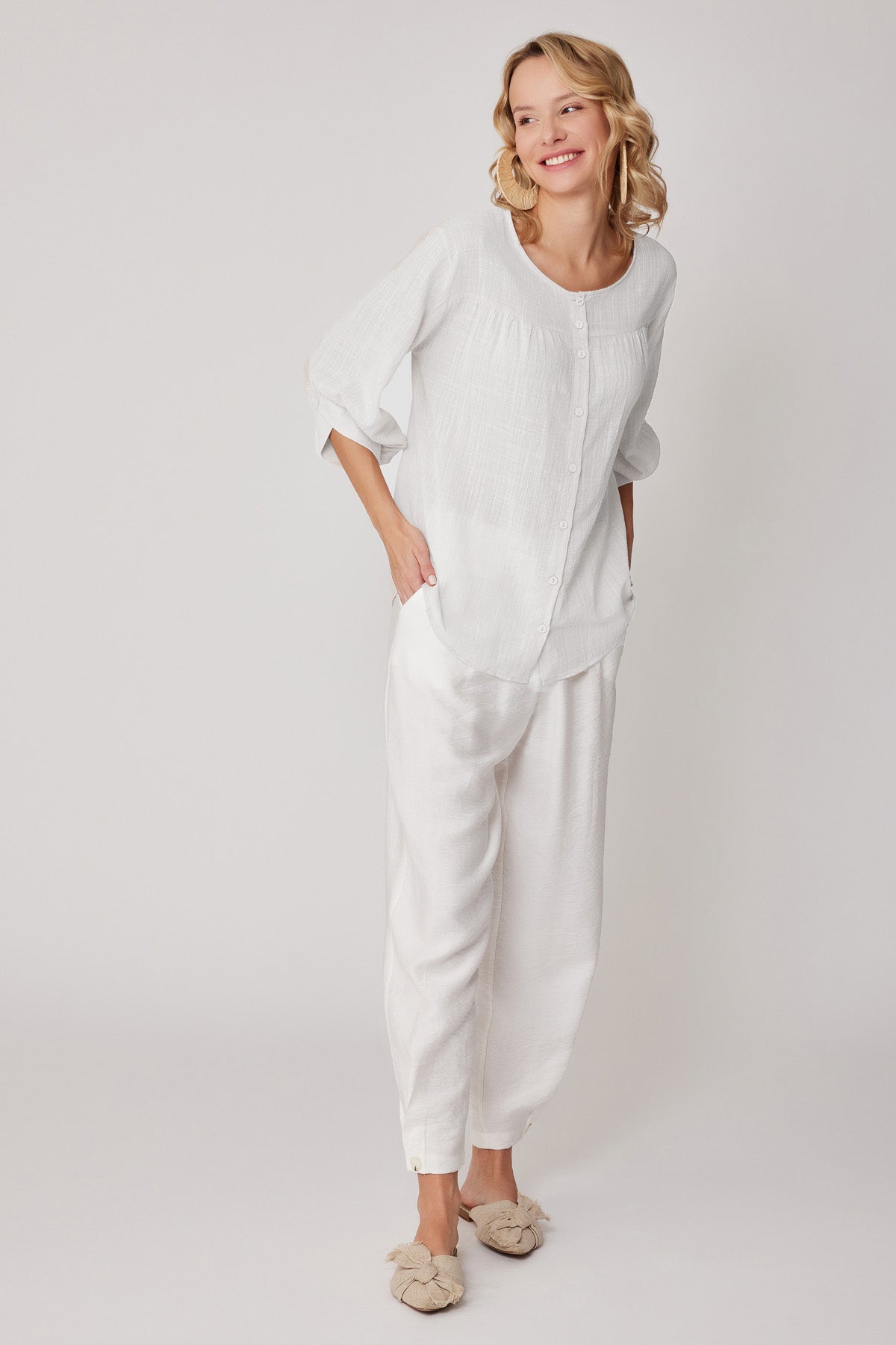 VISCOSE LINEN BLOUSE WITH FRONT BUTTON