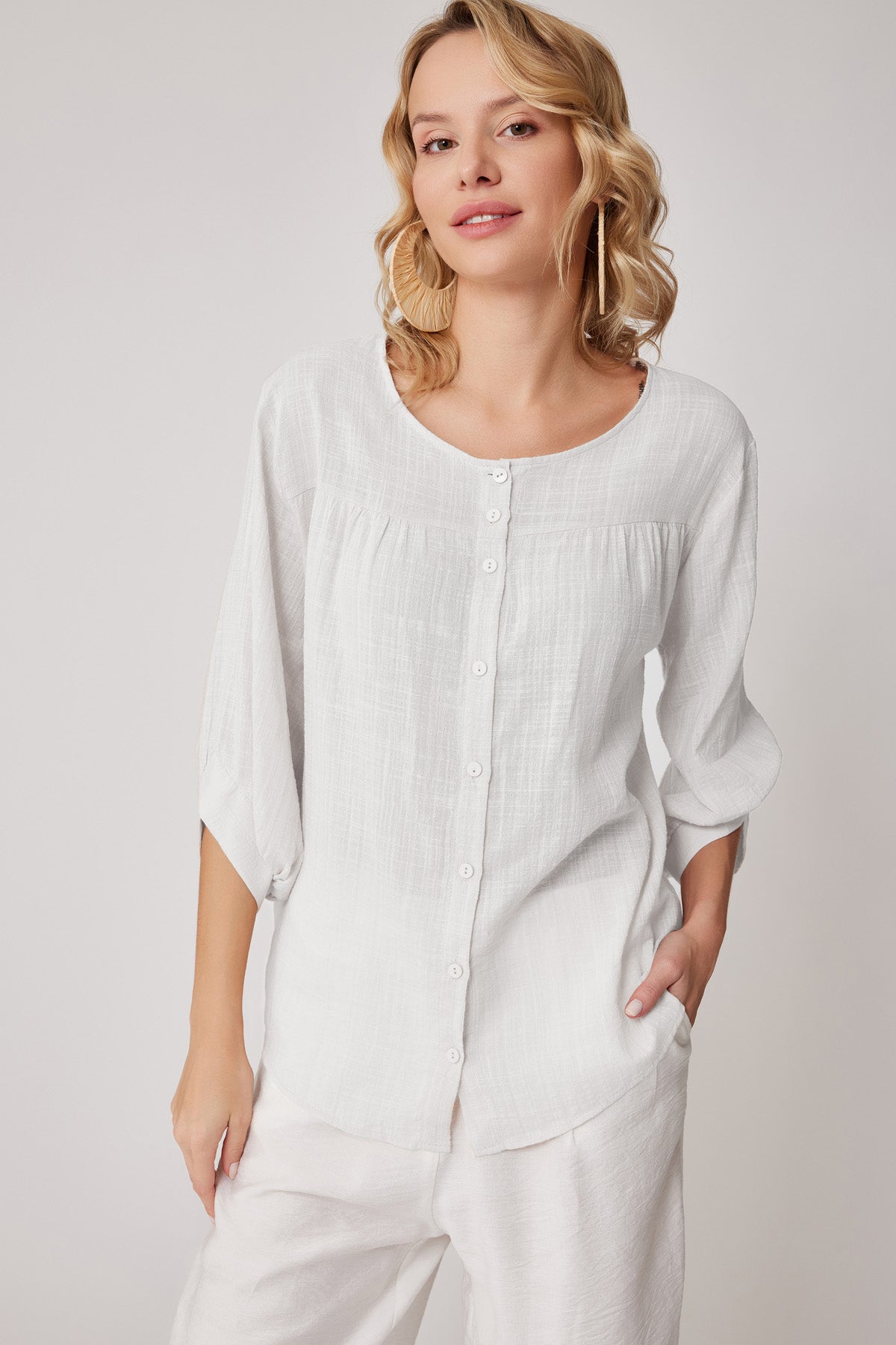 VISCOSE LINEN BLOUSE WITH FRONT BUTTON