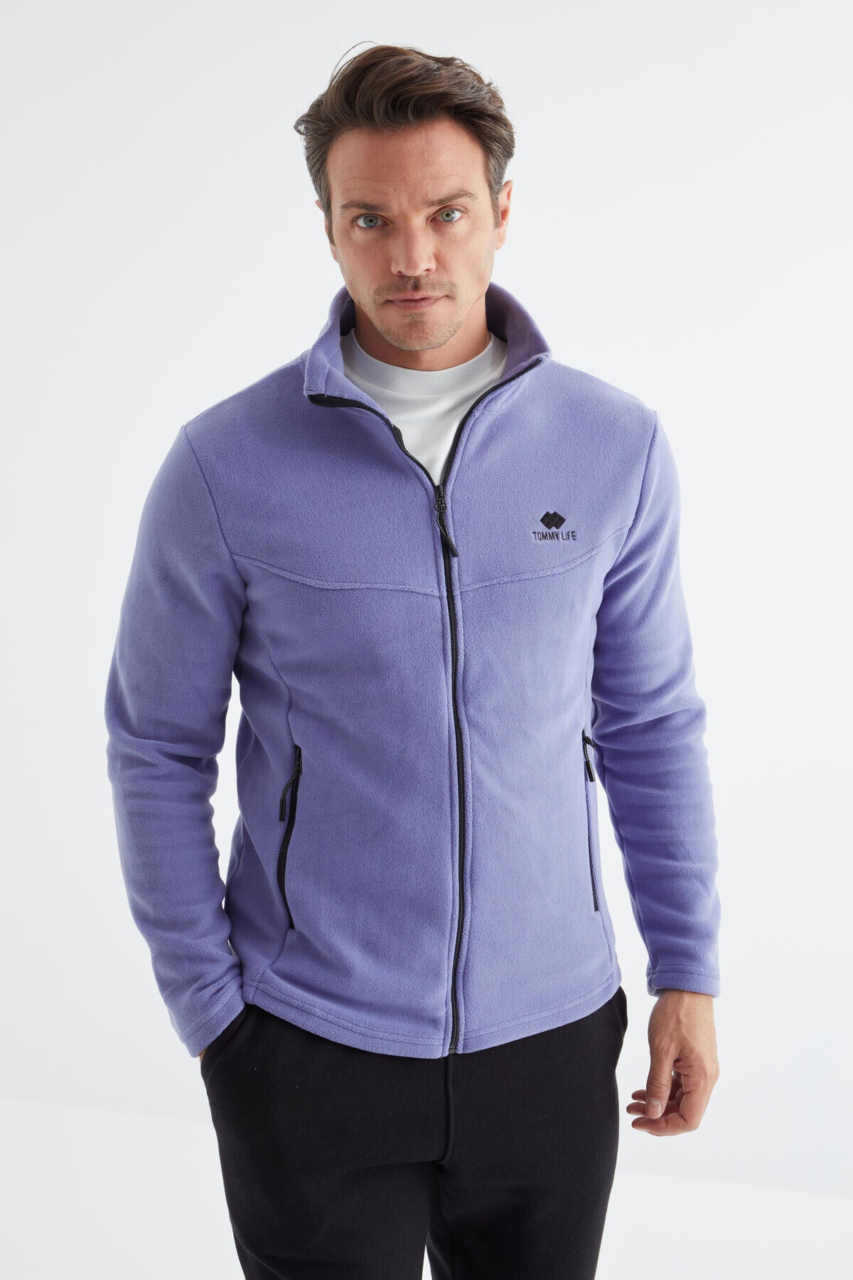 Light Purple Zippered High Collar Standard Fit Men's Fleece Sweatshirt - 88134