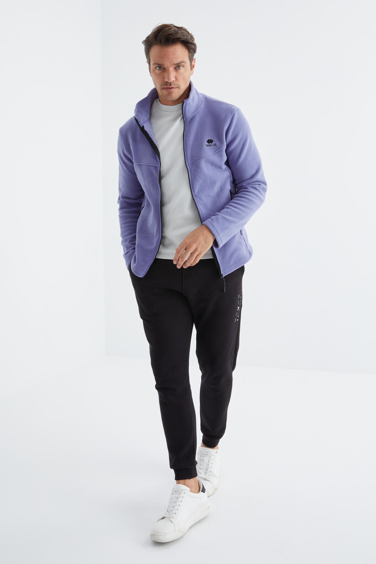 Light Purple Zippered High Collar Standard Fit Men's Fleece Sweatshirt - 88134