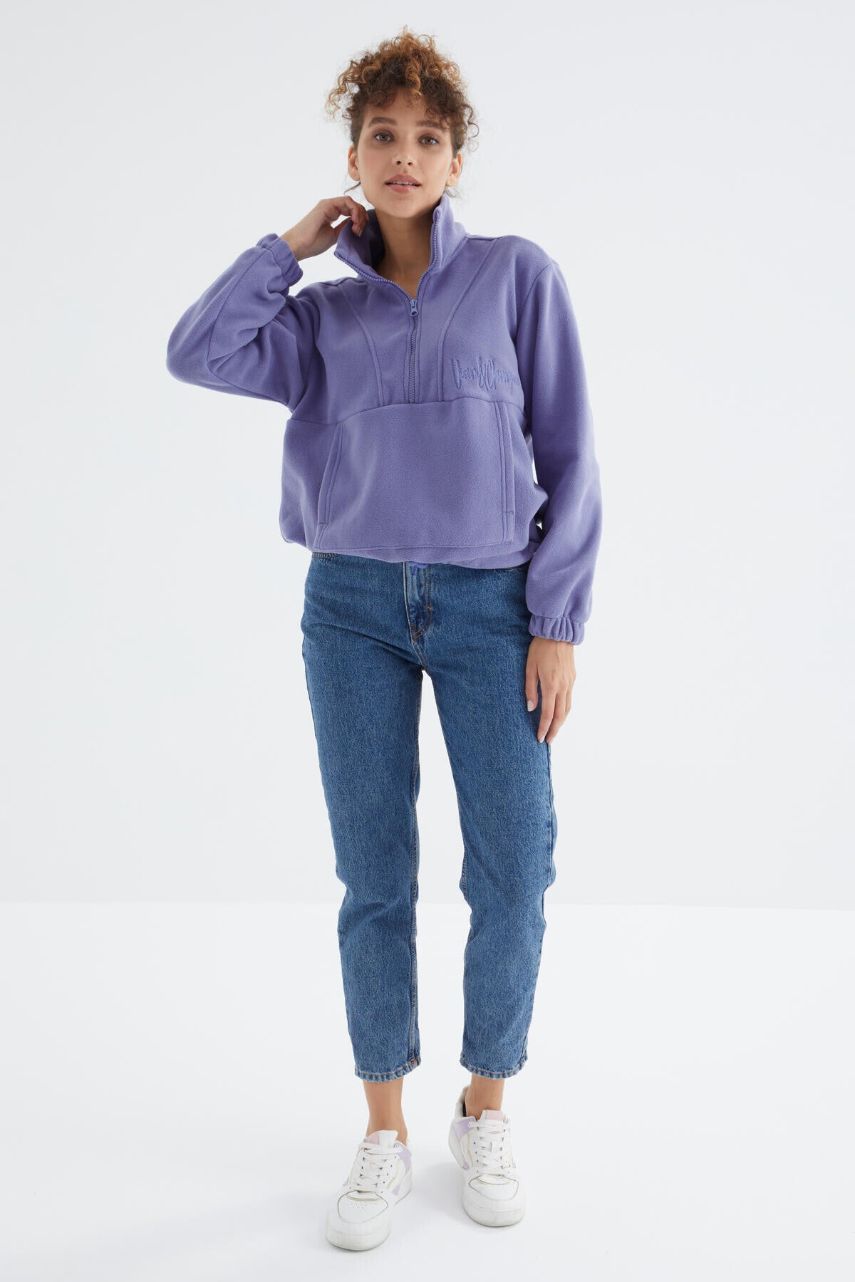 Light Purple Half Zipper Skirt with Gathered Hem Women's Polar Oversize Sweatshirt - 97171