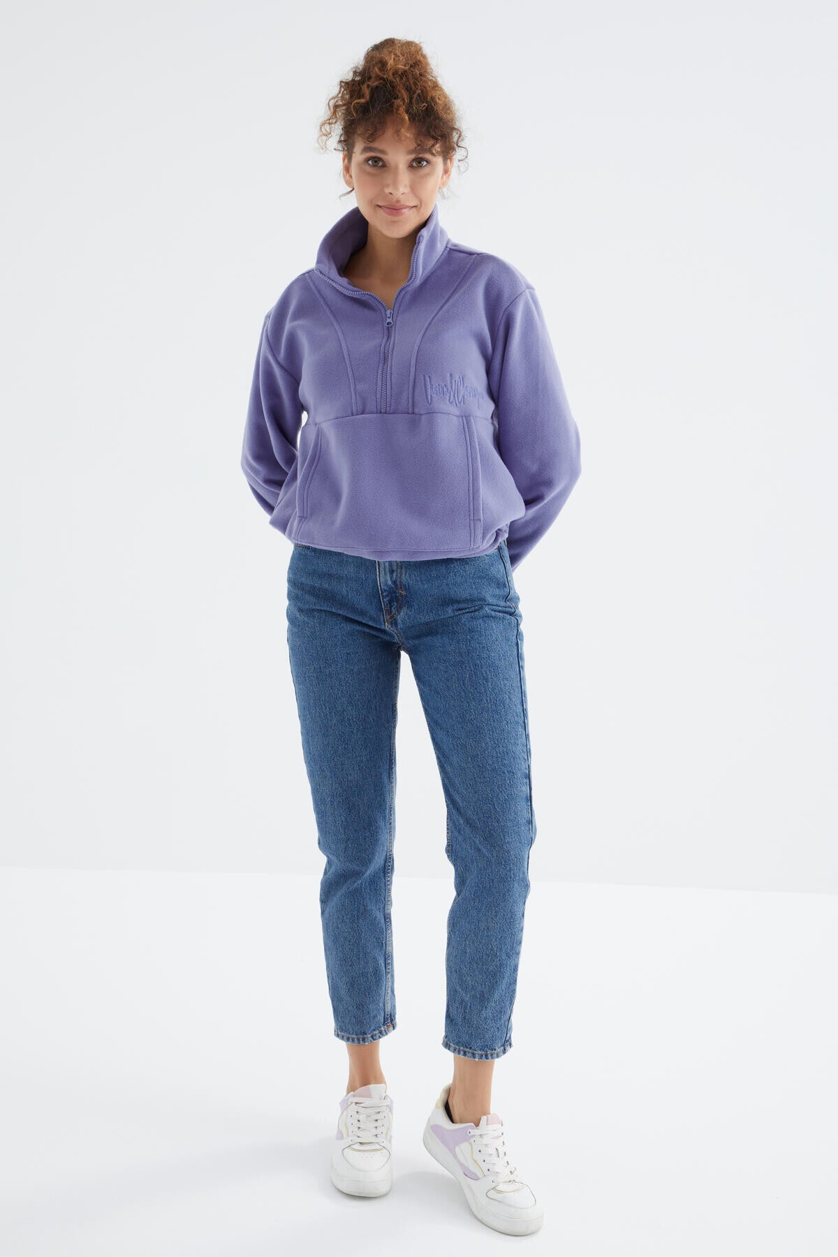 Light Purple Half Zipper Skirt with Gathered Hem Women's Polar Oversize Sweatshirt - 97171