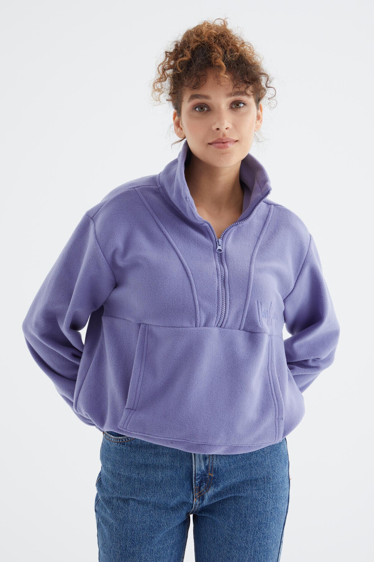 Light Purple Half Zipper Skirt with Gathered Hem Women's Polar Oversize Sweatshirt - 97171