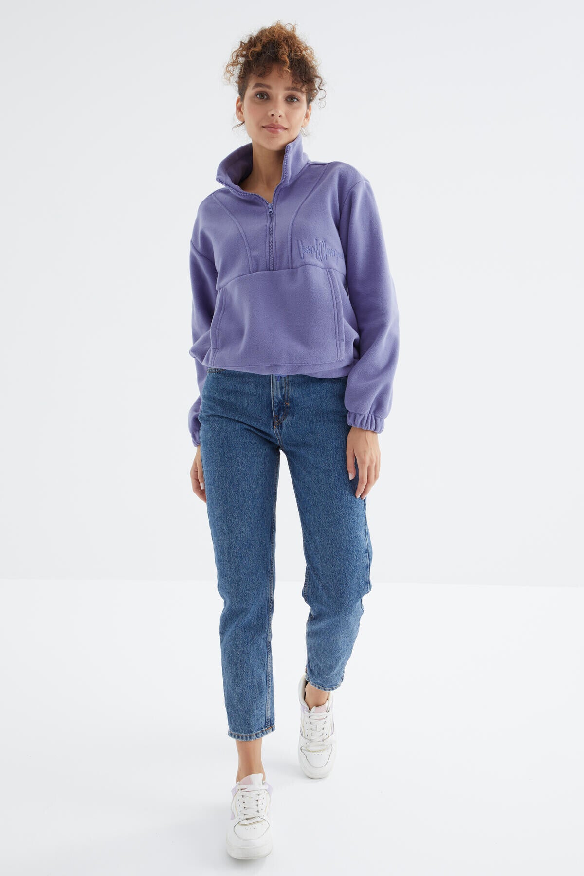Light Purple Half Zipper Skirt with Gathered Hem Women's Polar Oversize Sweatshirt - 97171