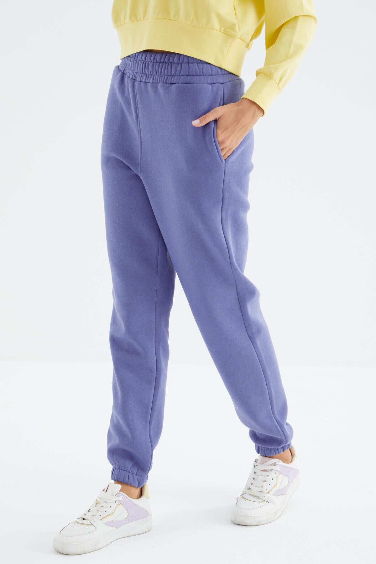 Light Purple High Waist Brushed 3-Thread Cotton Basic Women's Tracksuit Bottom - 94624
