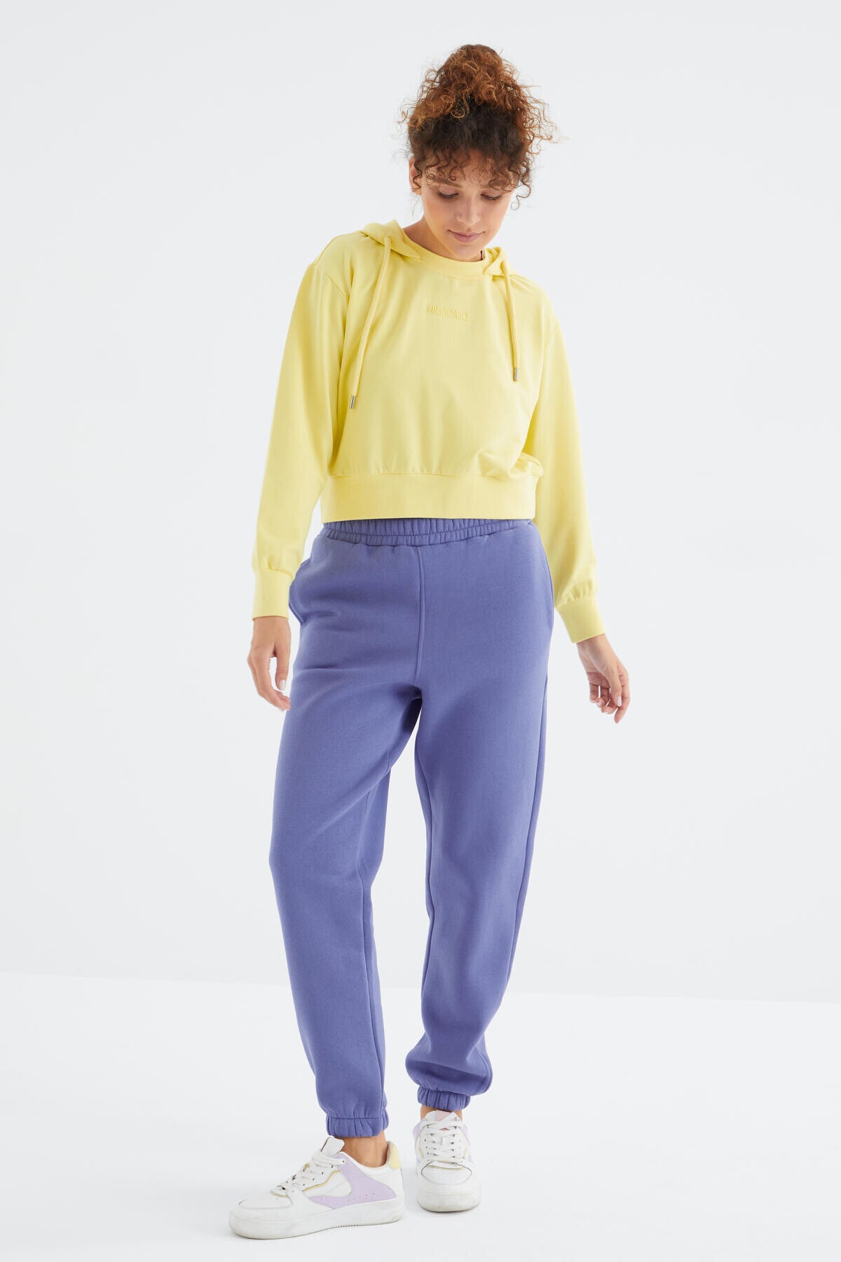 Light Purple High Waist Brushed 3-Thread Cotton Basic Women's Tracksuit Bottom - 94624