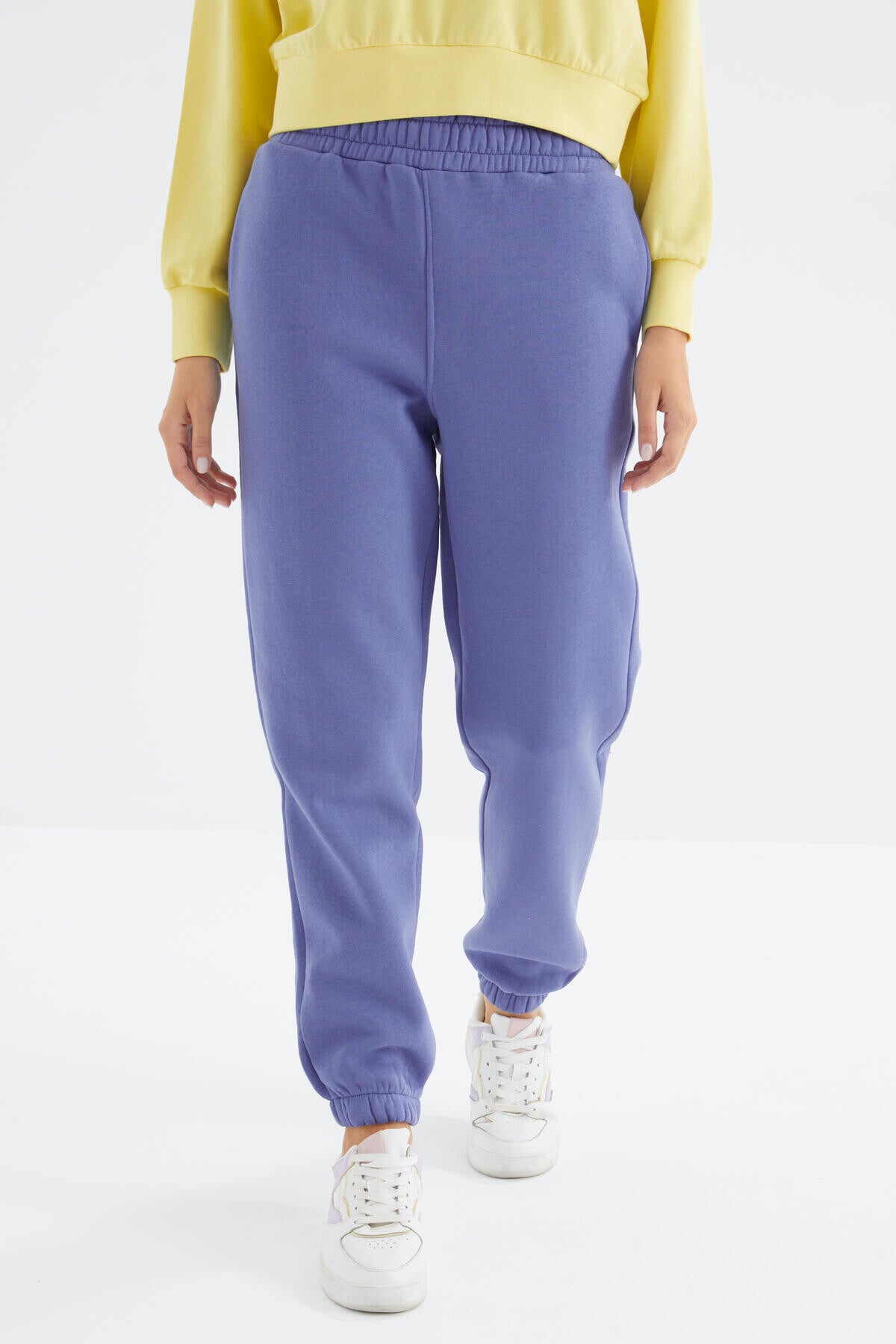Light Purple High Waist Brushed 3-Thread Cotton Basic Women's Tracksuit Bottom - 94624