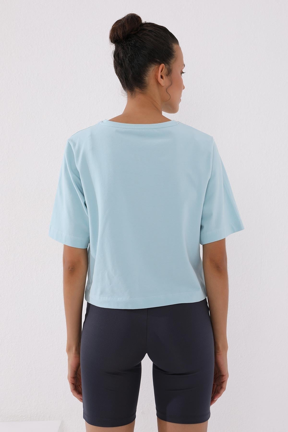 Light Blue Asymmetric Print O Collar Women's Oversize T-Shirt - 97136