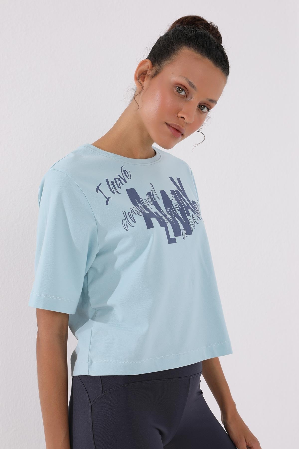 Light Blue Asymmetric Print O Collar Women's Oversize T-Shirt - 97136