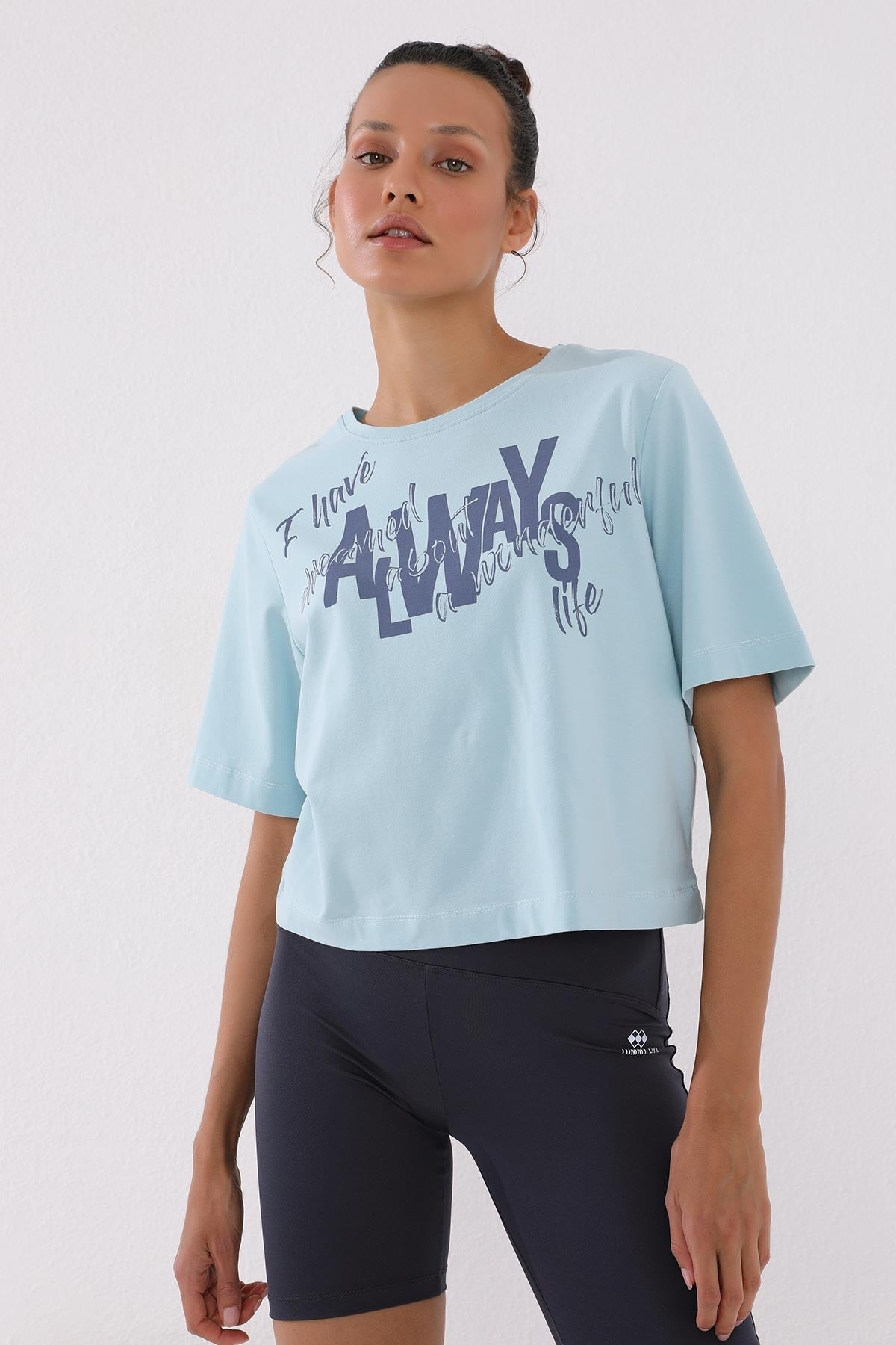 Light Blue Asymmetric Print O Collar Women's Oversize T-Shirt - 97136