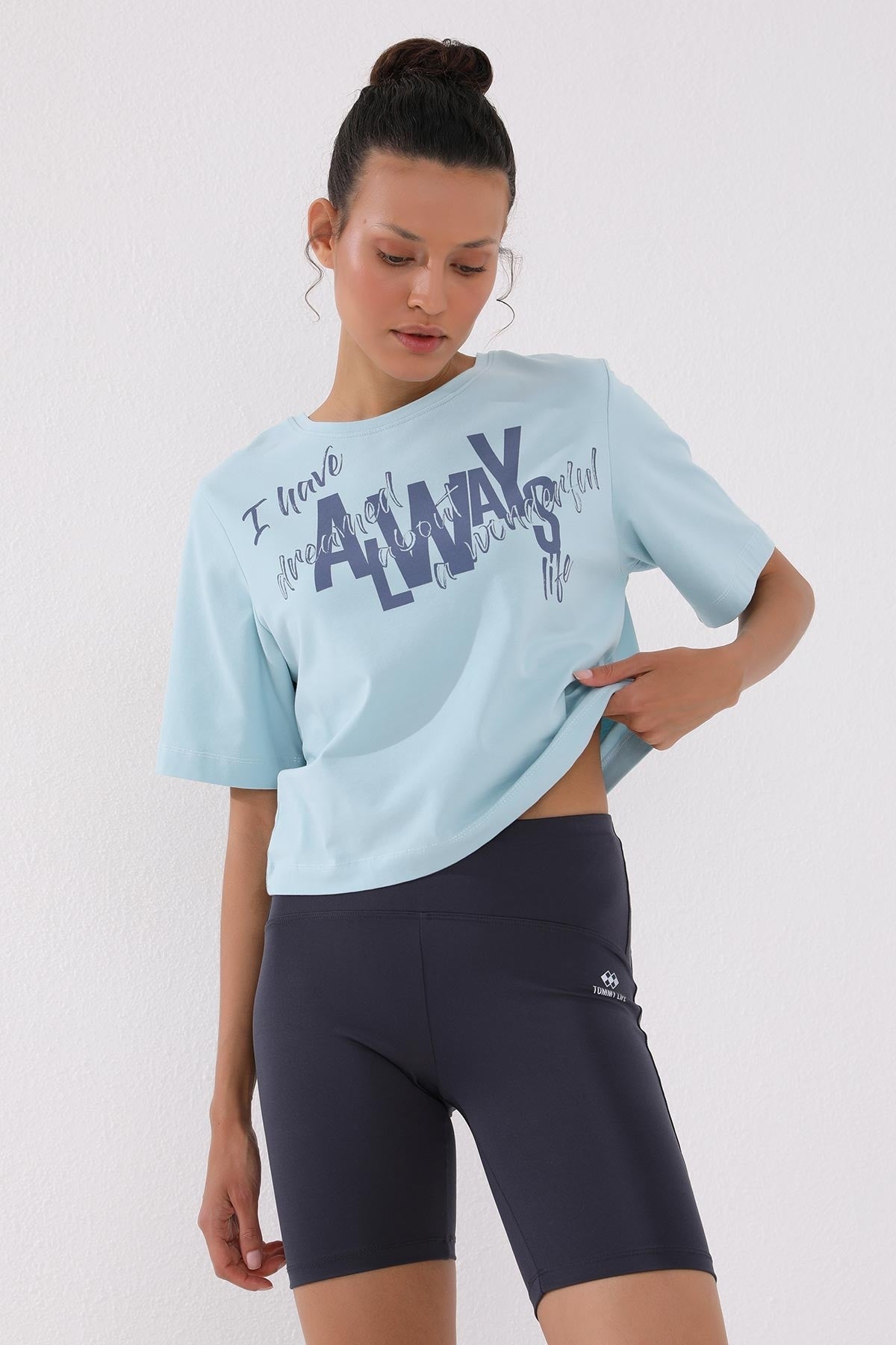 Light Blue Asymmetric Print O Collar Women's Oversize T-Shirt - 97136