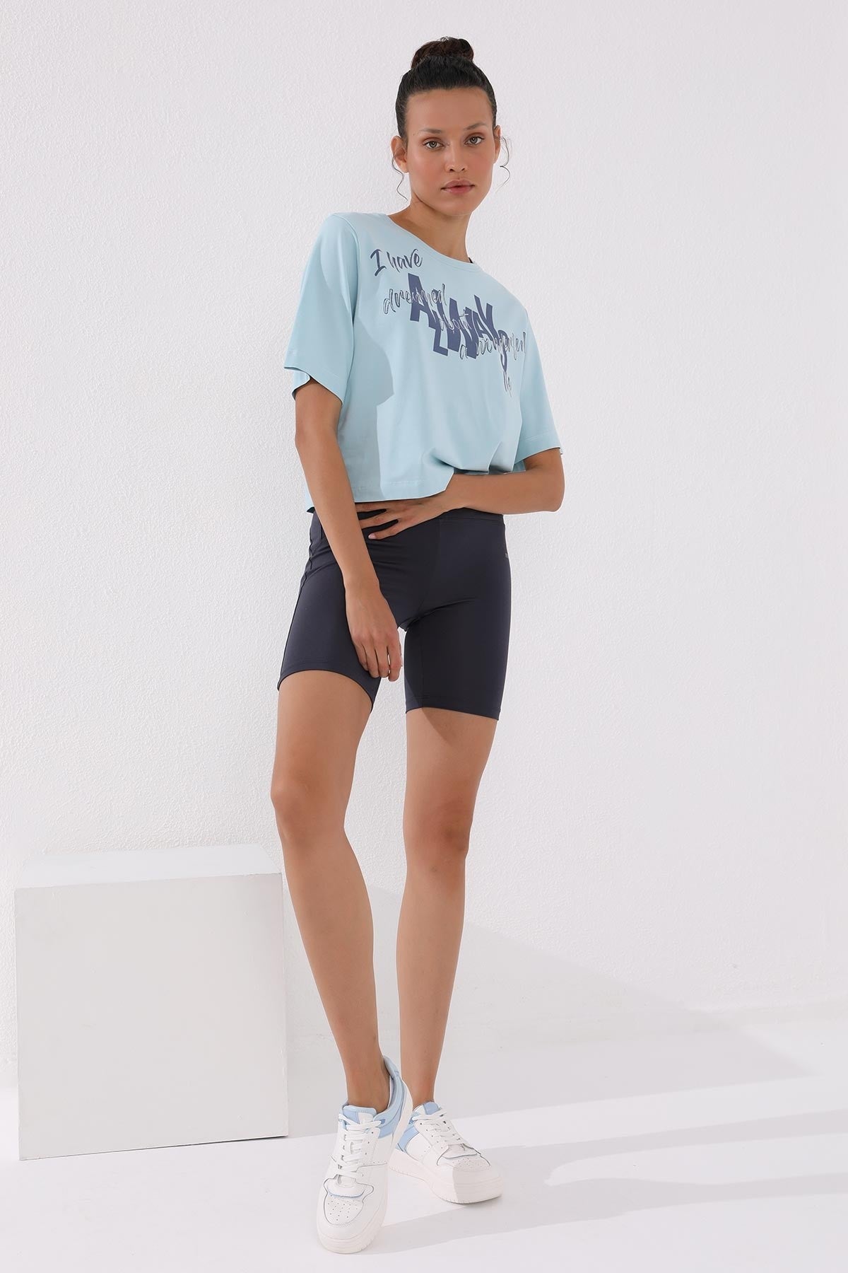 Light Blue Asymmetric Print O Collar Women's Oversize T-Shirt - 97136
