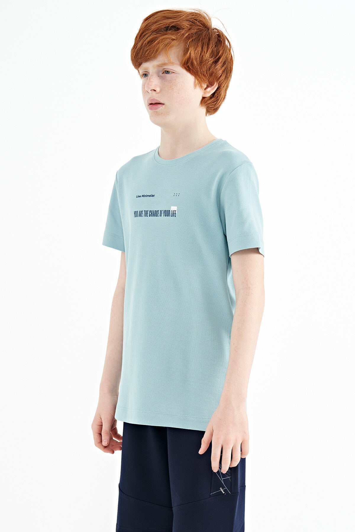 Light Blue Print Detailed O Collar Standard Fit Boy's T-Shirt - 11117