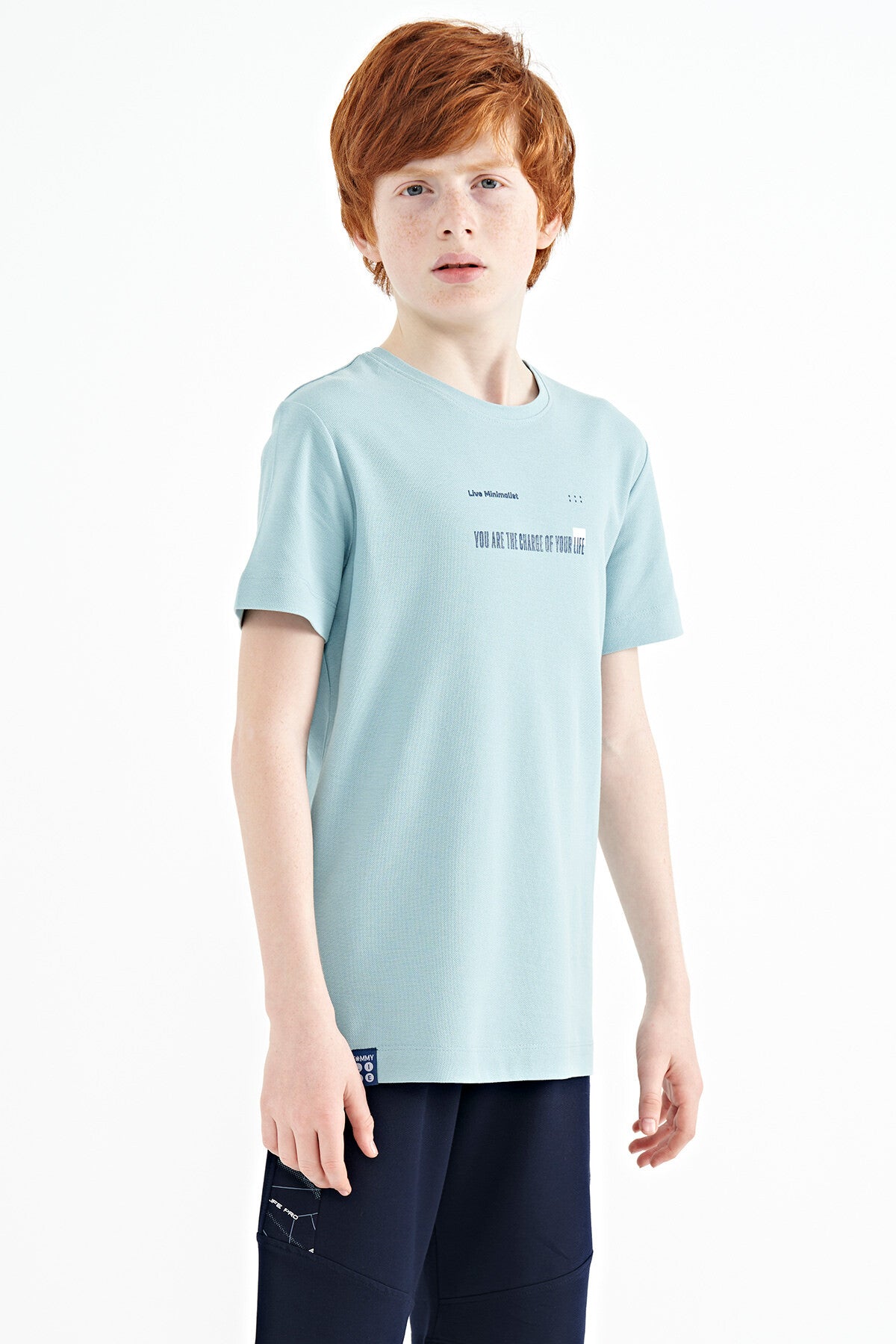 Light Blue Print Detailed O Collar Standard Fit Boy's T-Shirt - 11117