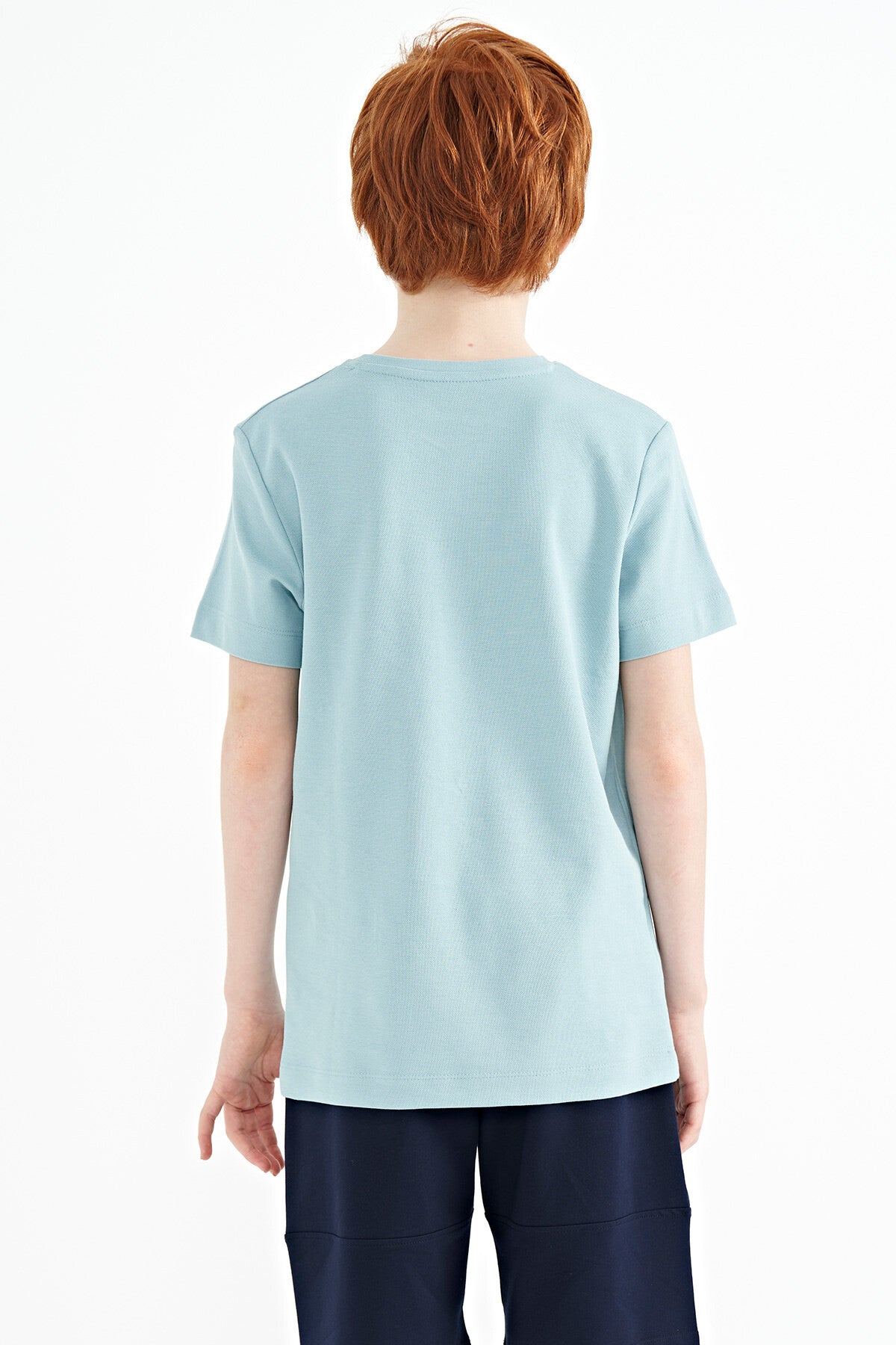 Light Blue Print Detailed O Collar Standard Fit Boy's T-Shirt - 11117