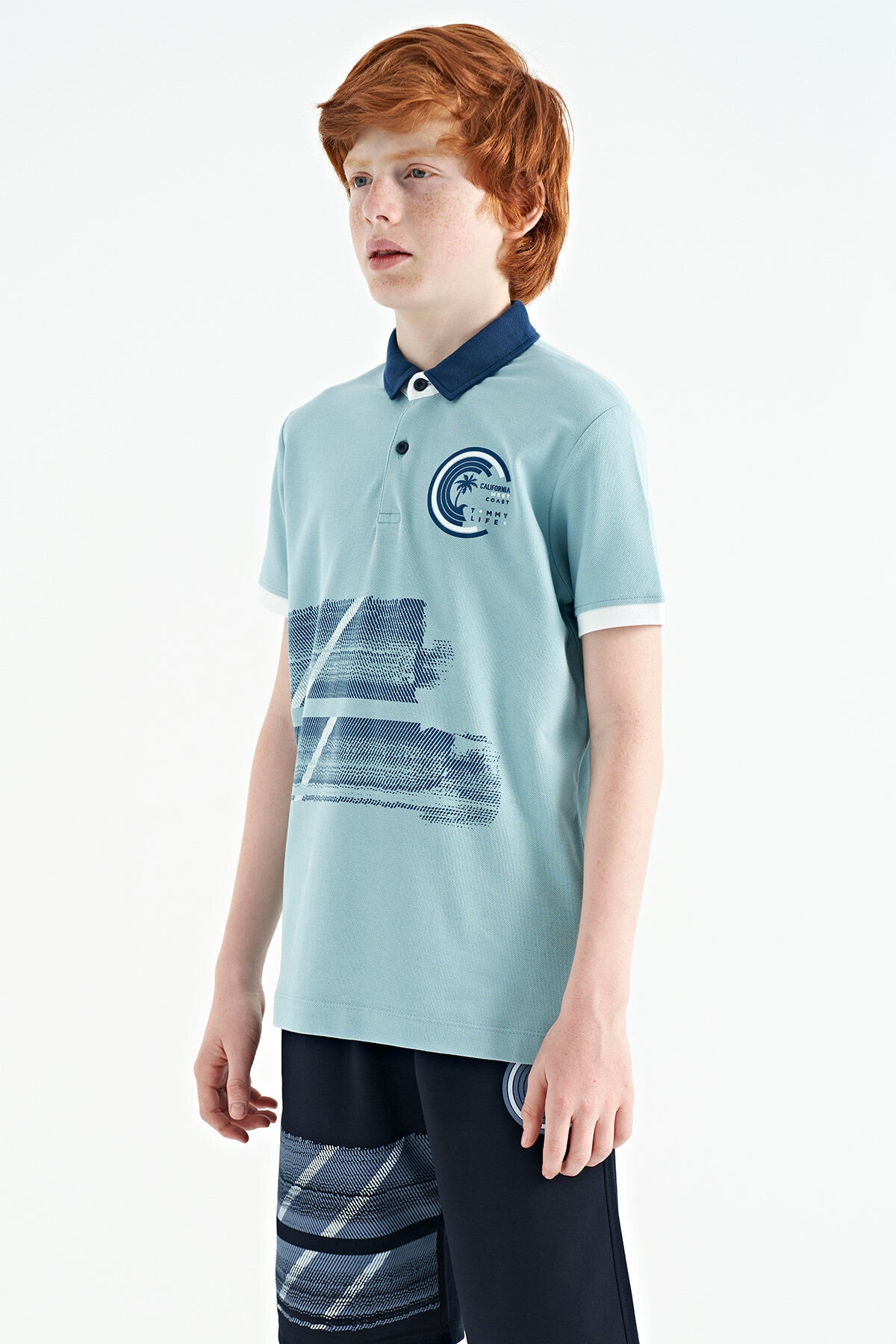 Light Blue Print Detailed Polo Collar Standard Fit Boys T-Shirt - 11094