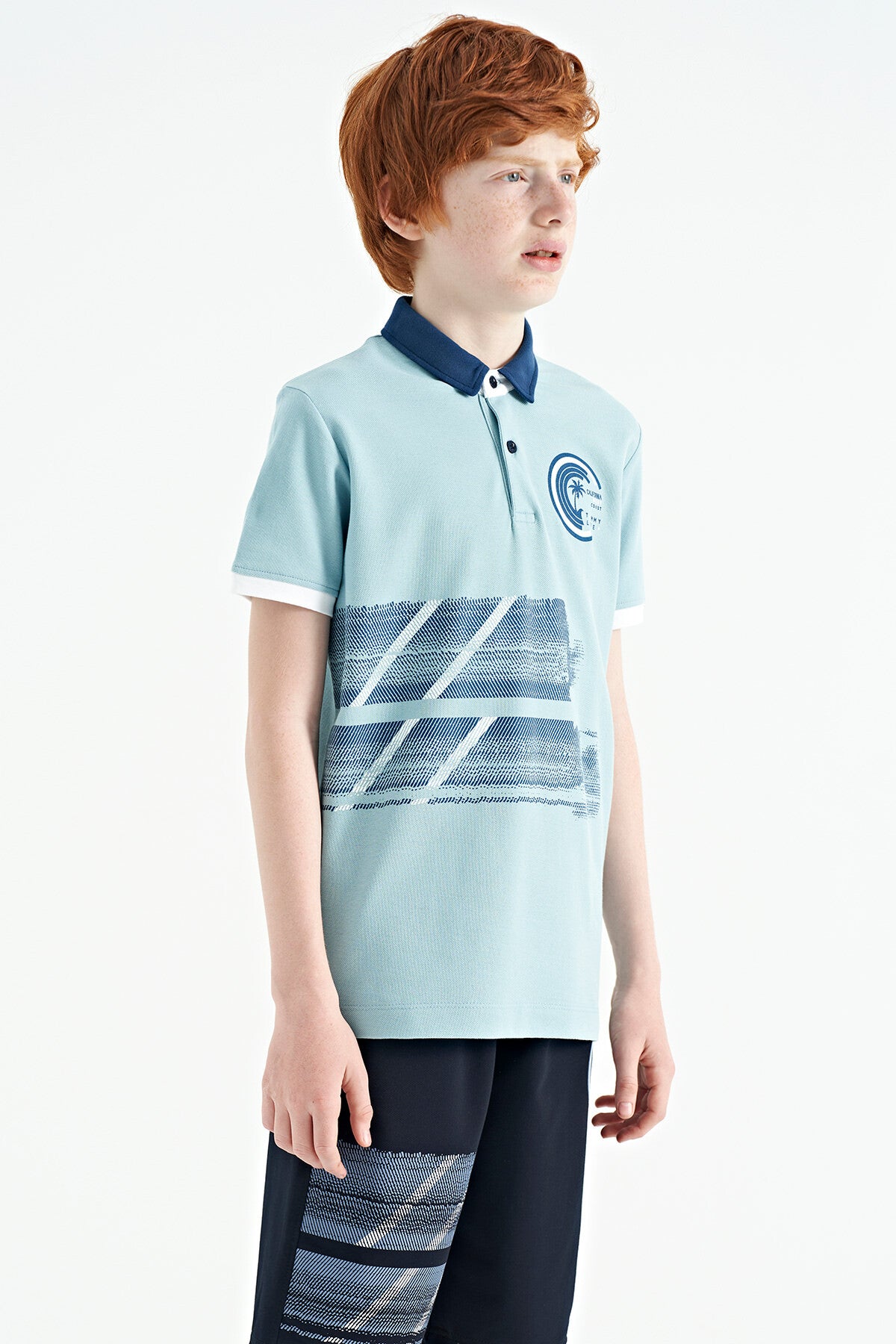 Light Blue Print Detailed Polo Collar Standard Fit Boys T-Shirt - 11094