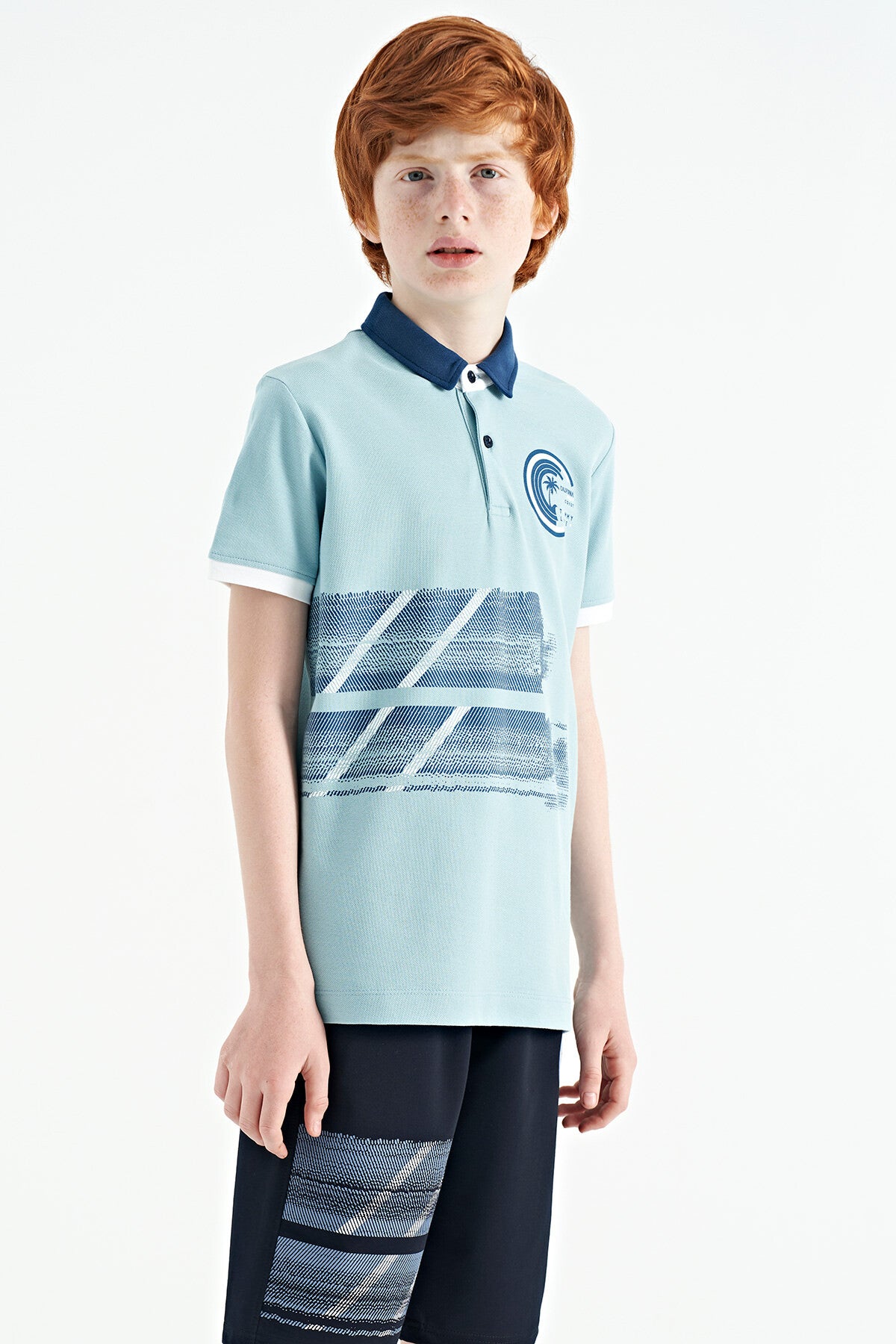 Light Blue Print Detailed Polo Collar Standard Fit Boys T-Shirt - 11094