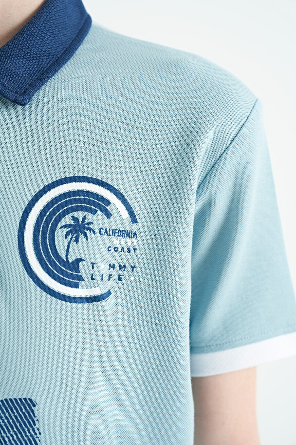 Light Blue Print Detailed Polo Collar Standard Fit Boys T-Shirt - 11094