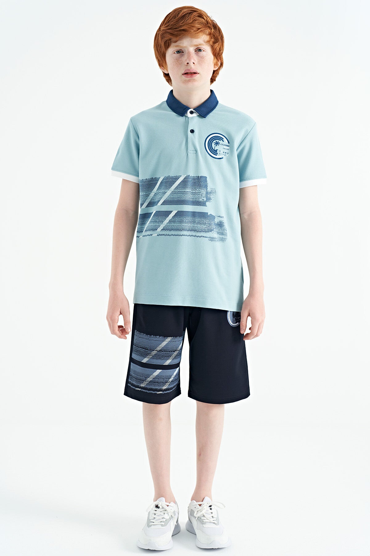 Light Blue Print Detailed Polo Collar Standard Fit Boys T-Shirt - 11094