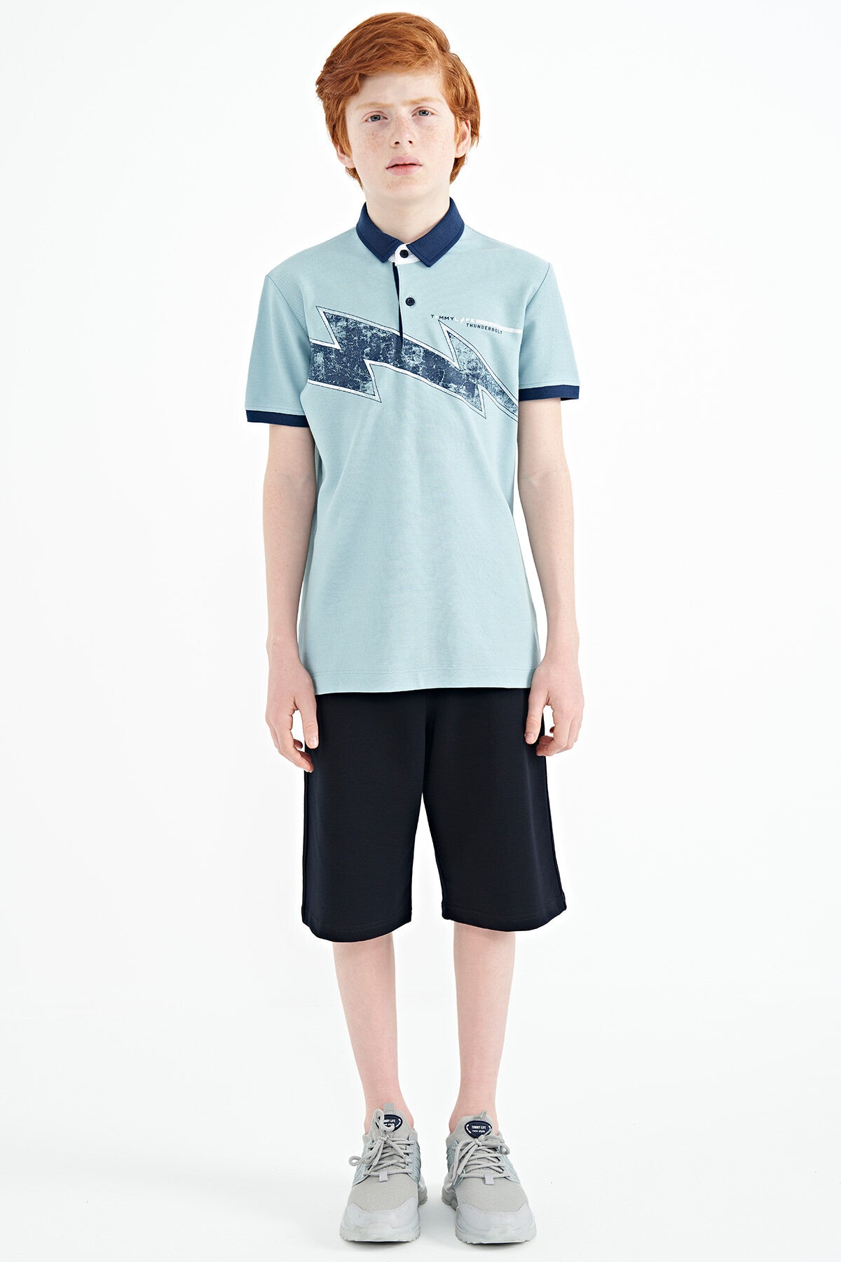 Light Blue Print Detailed Standard Cut Polo Collar Boys T-Shirt - 11154